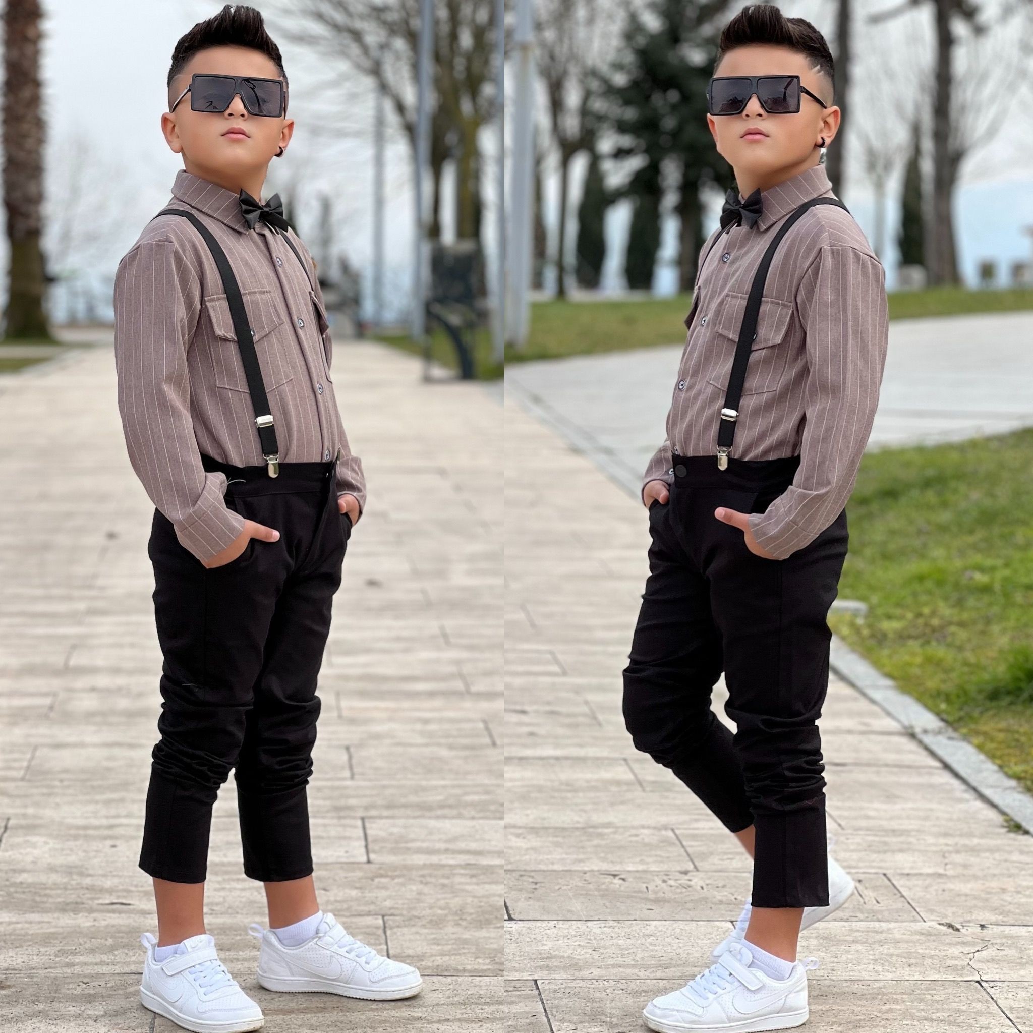 Erkek Çocuk Gömlek Pantolon Askı ve Papyon 4 Parça Takım