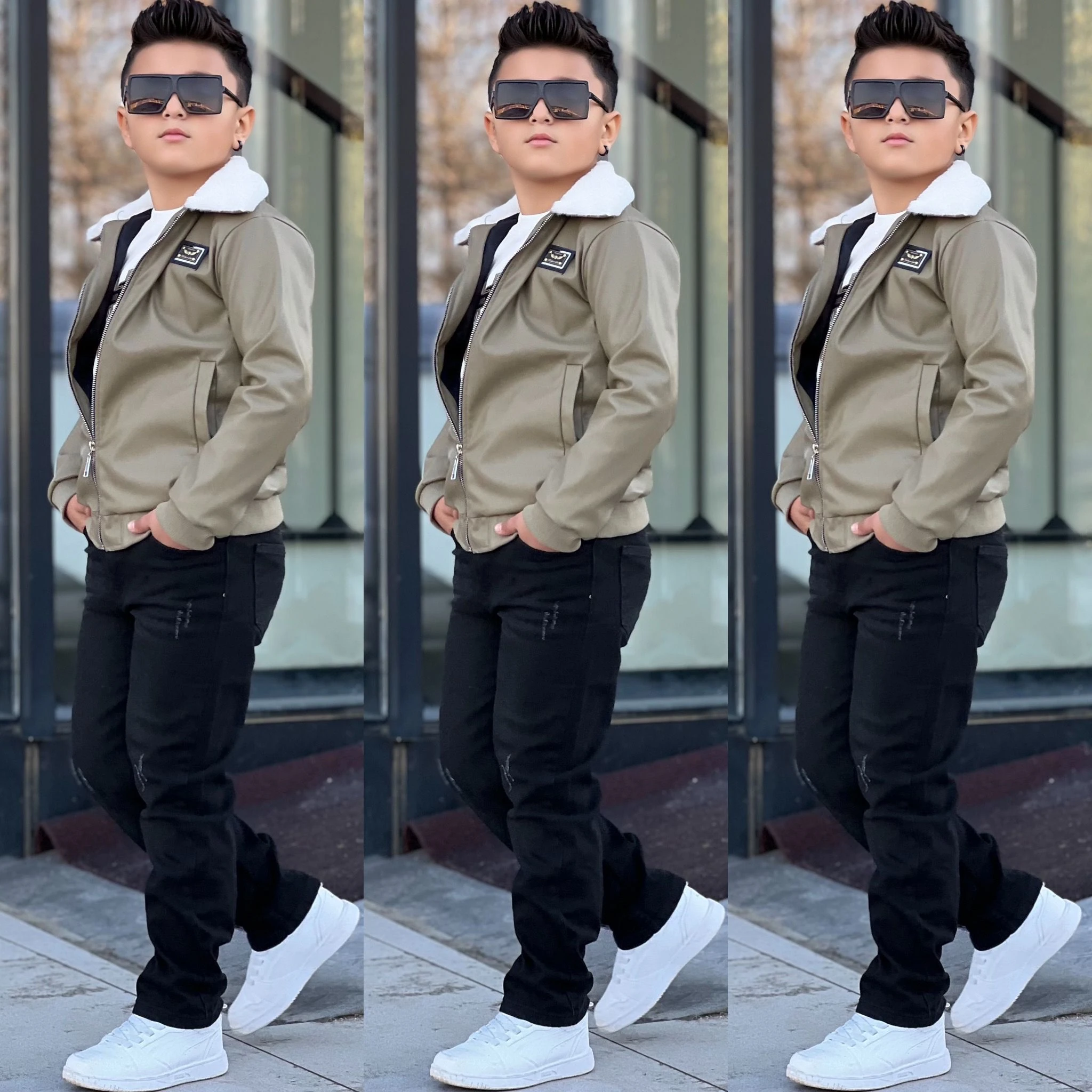 Erkek Çocuk Deri Ceketli Takım - Yeşil