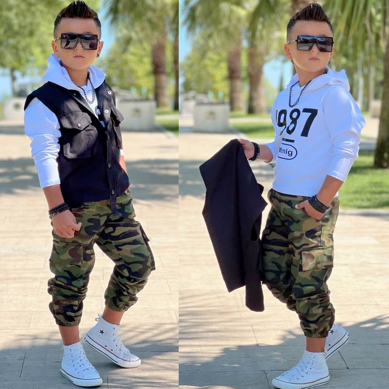 Erkek Çocuk Kamuflaj Pantalonlu Yelekli 3 Lü Takım