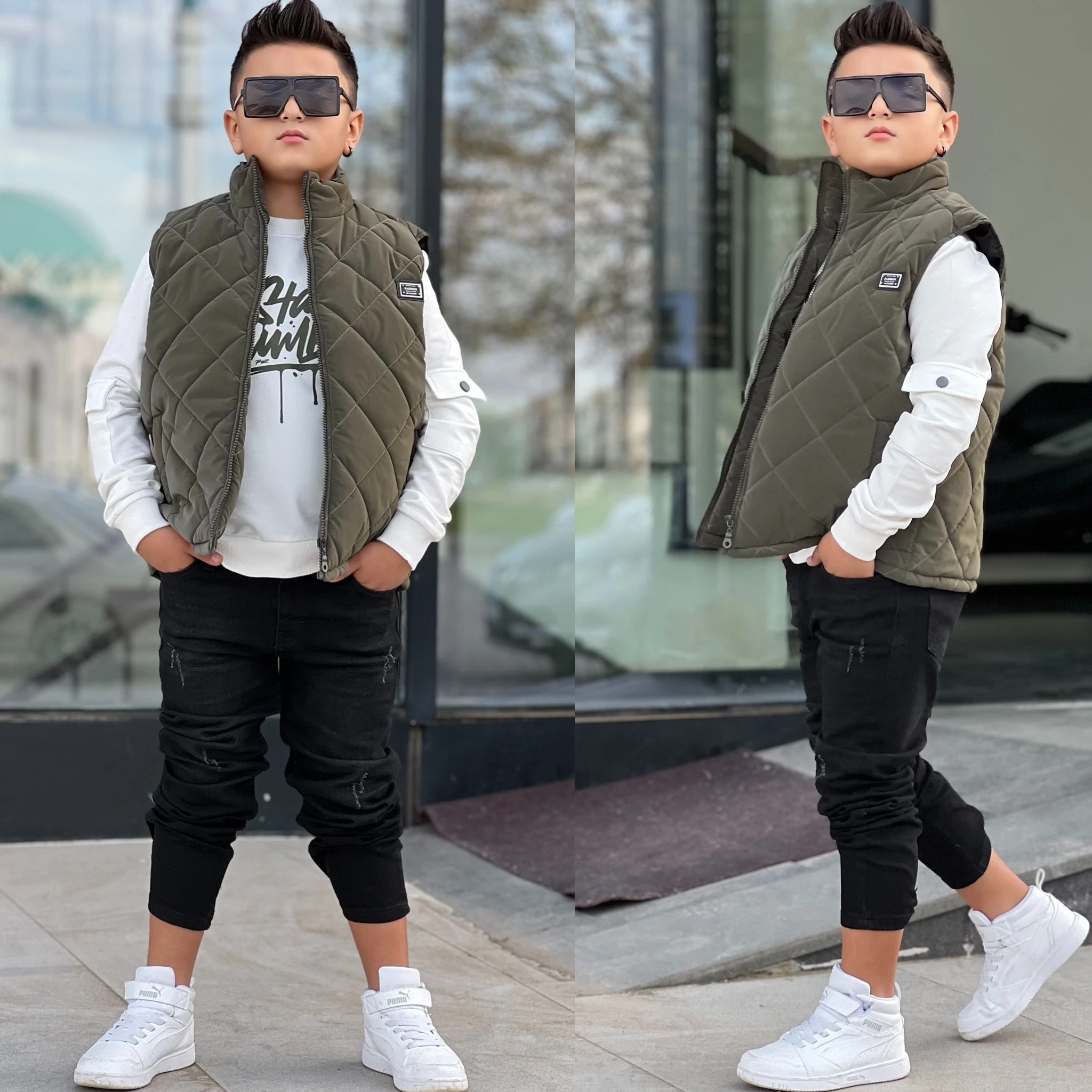 Erkek Çocuk Kot Pantolon, Body ve Yelek 3 Lü Takım - Yeşil