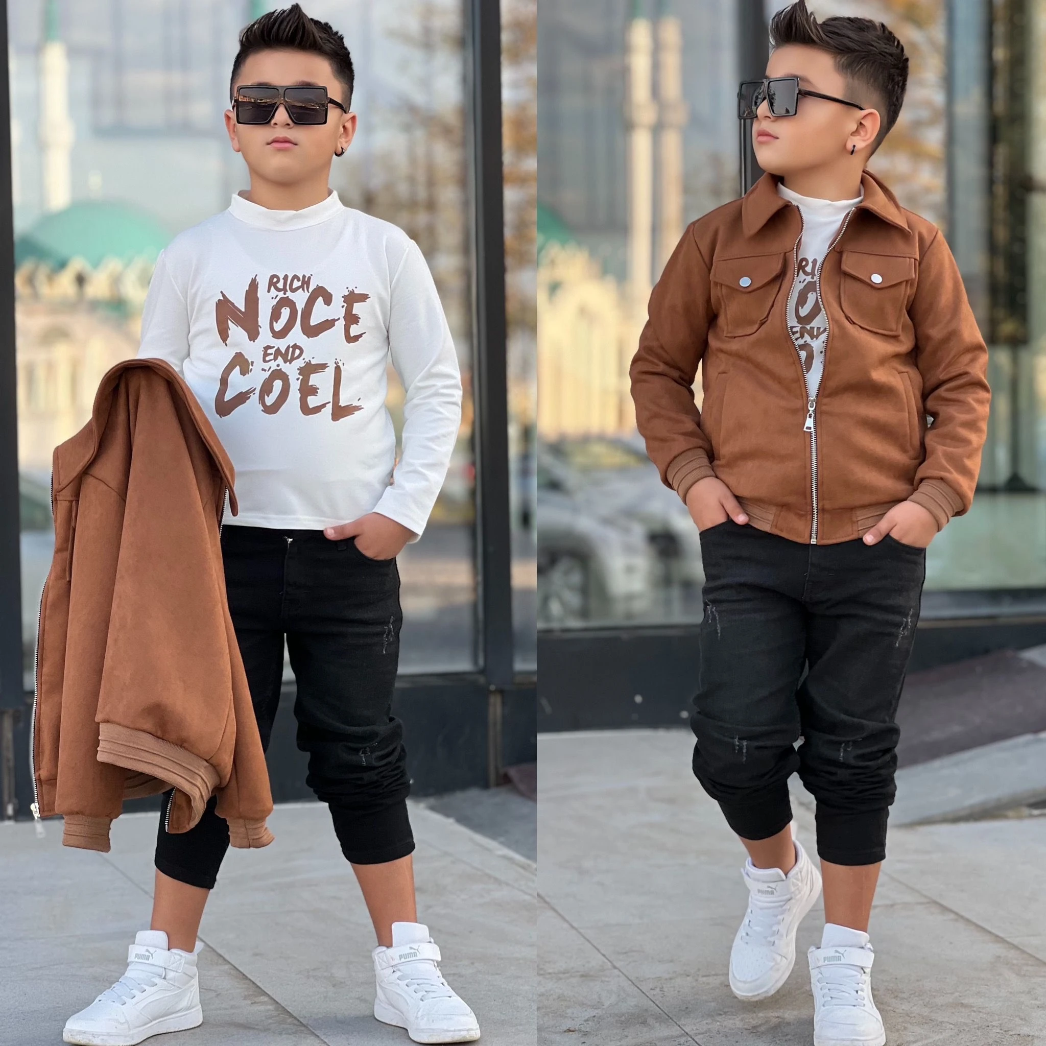 Erkek Çocuk Süet Ceketli Takım - Kahverengi