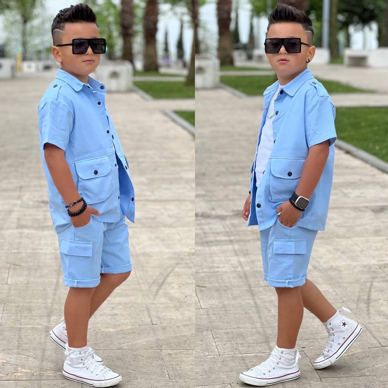 Erkek Çocuk Mavi Şort Gömlek Takım