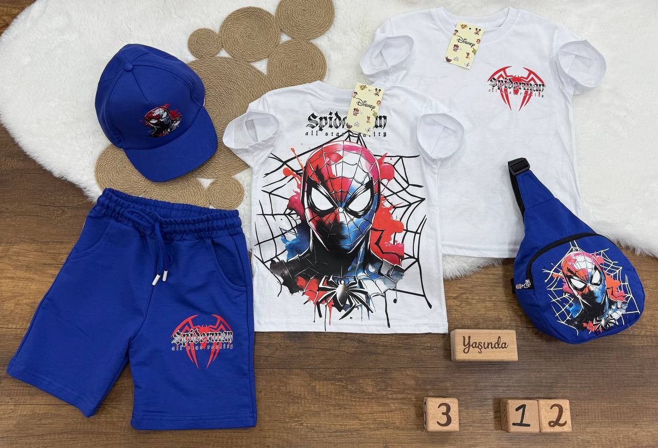 Erkek Çocuk Spiderman Şortlu Çantalı ve Şapkalı 4 Parça Takım - Mavi