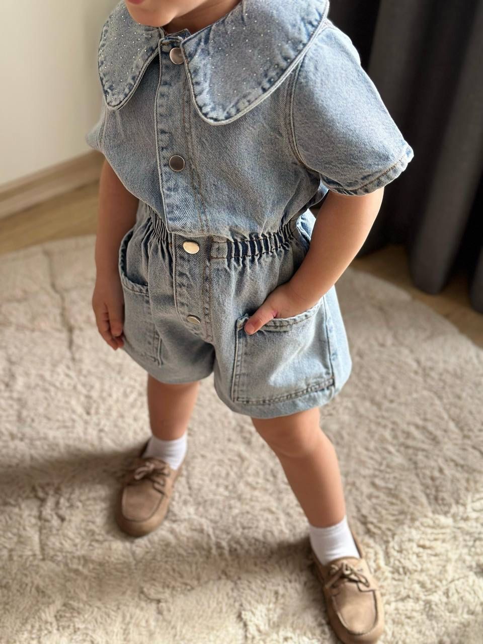 Kız Çocuk  Bebe Yaka Taşlı Şort Tulum