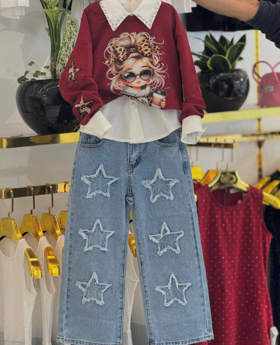 Kız Çocuk Pantolon Gömlek Kazak 3 Lü Takım