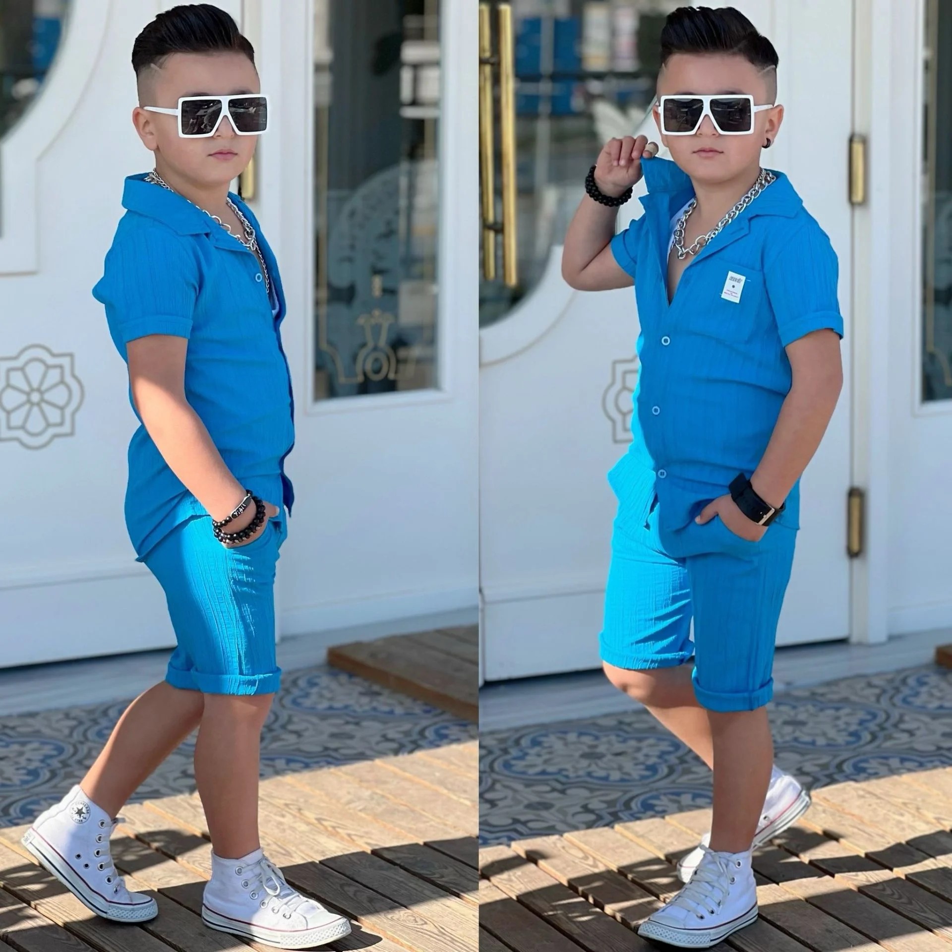 Erkek Çocuk Mavi  Müslin Şortlu Takm