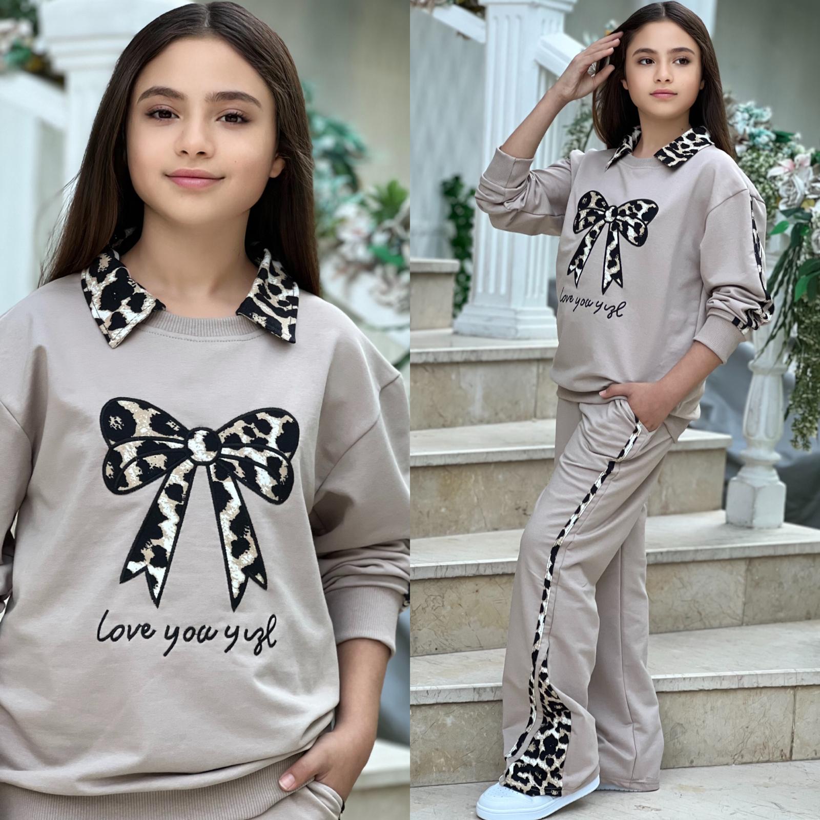 Kız Çocuk Fiyonklu Leoparlı Desenli Alt Üst Takım