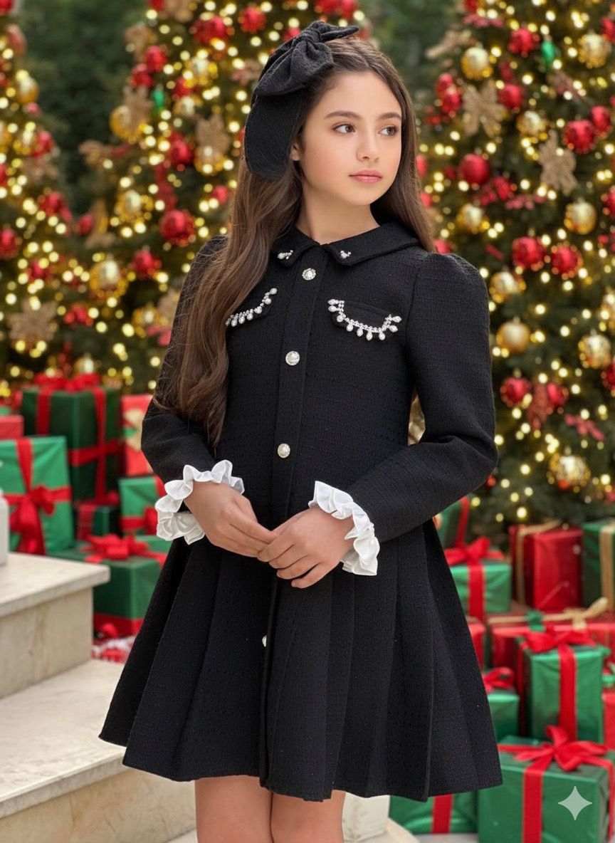 Kız Çocuk İnci düğmeli Pileli Elbise