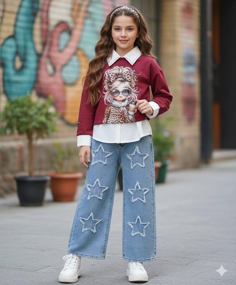 Kız Çocuk Pantolon Gömlek Kazak 3 Lü Takım