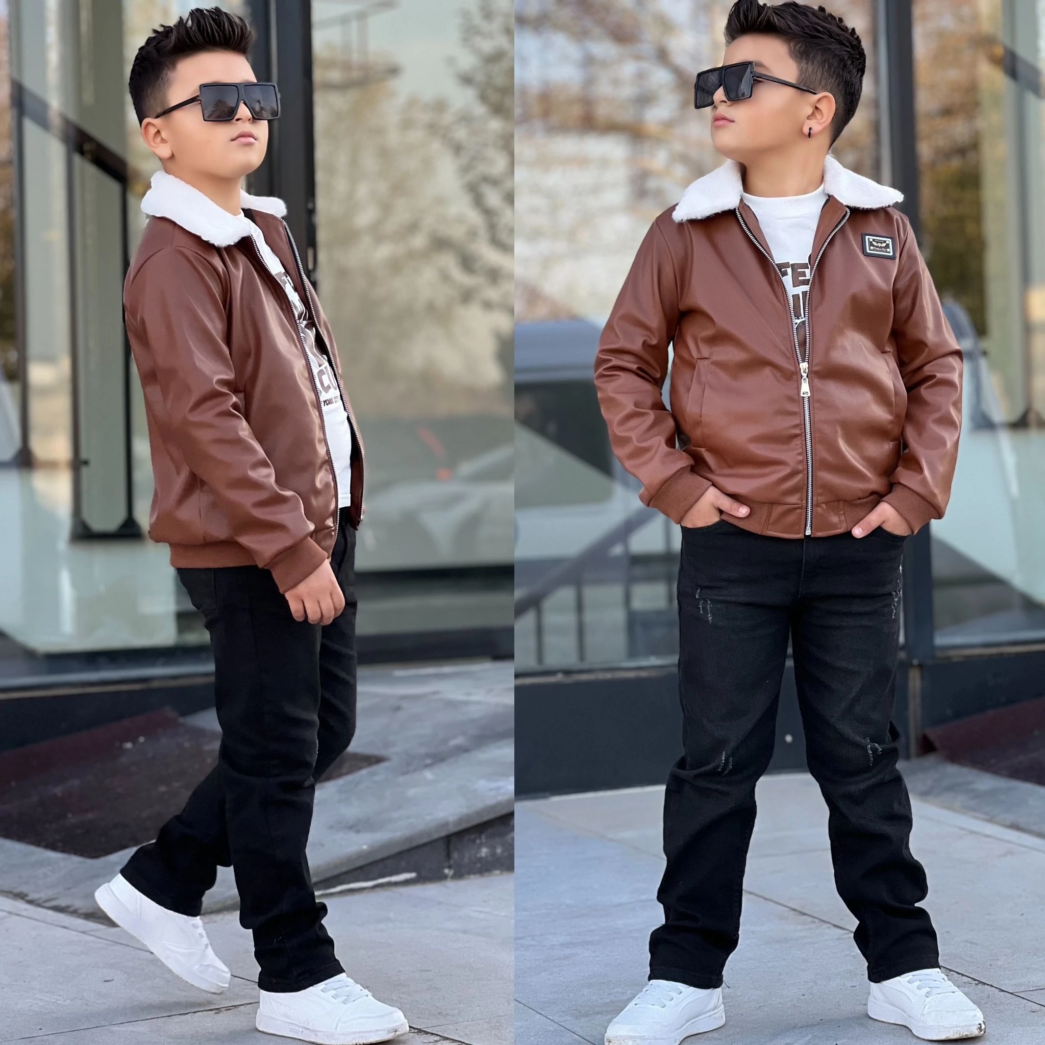 Erkek Çocuk Deri Ceketli Takım