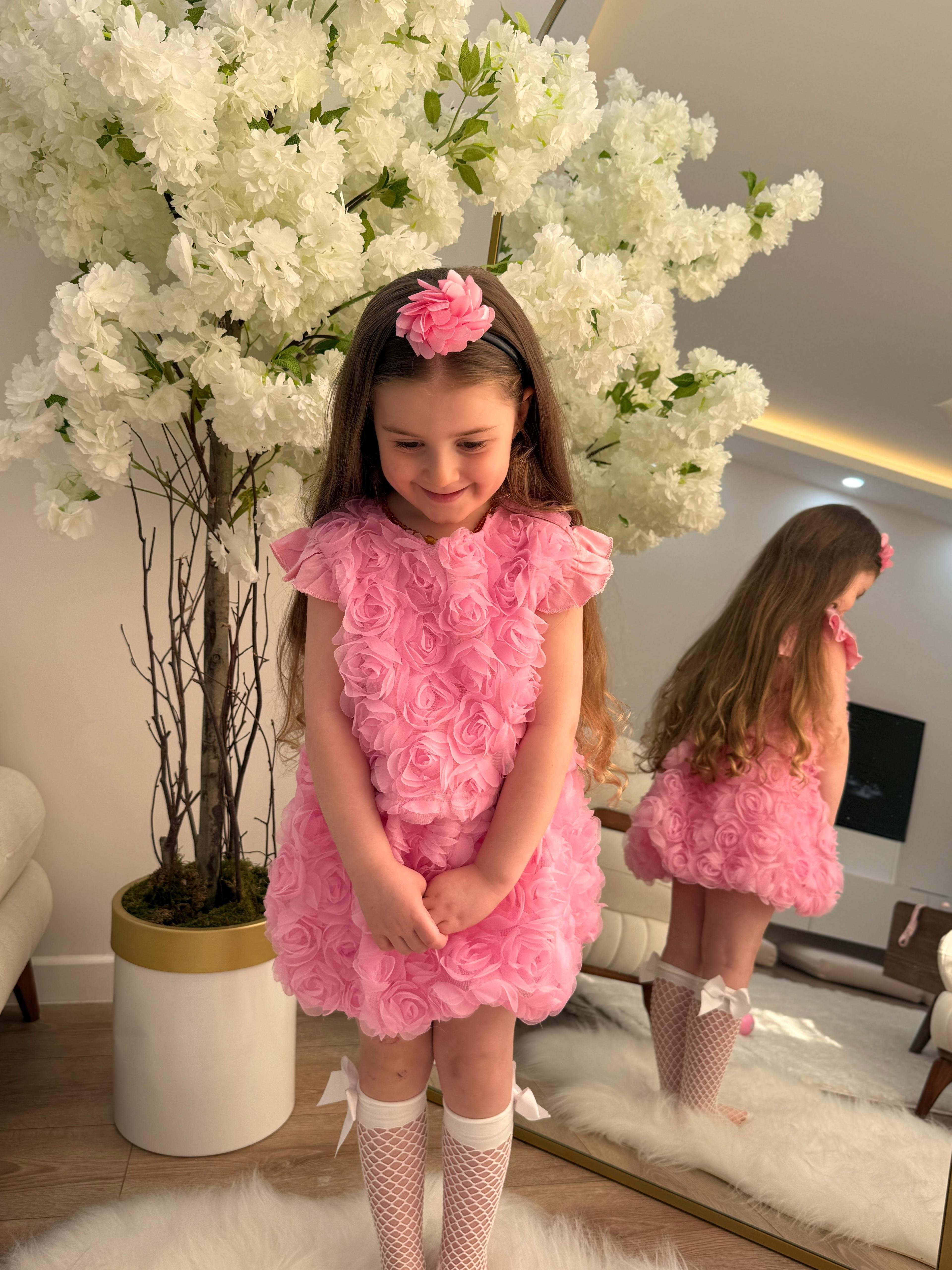 Kız Çocuk 3D Gül Kumaş Etek Bkuz Taç 3 Lü Takım - Pembe