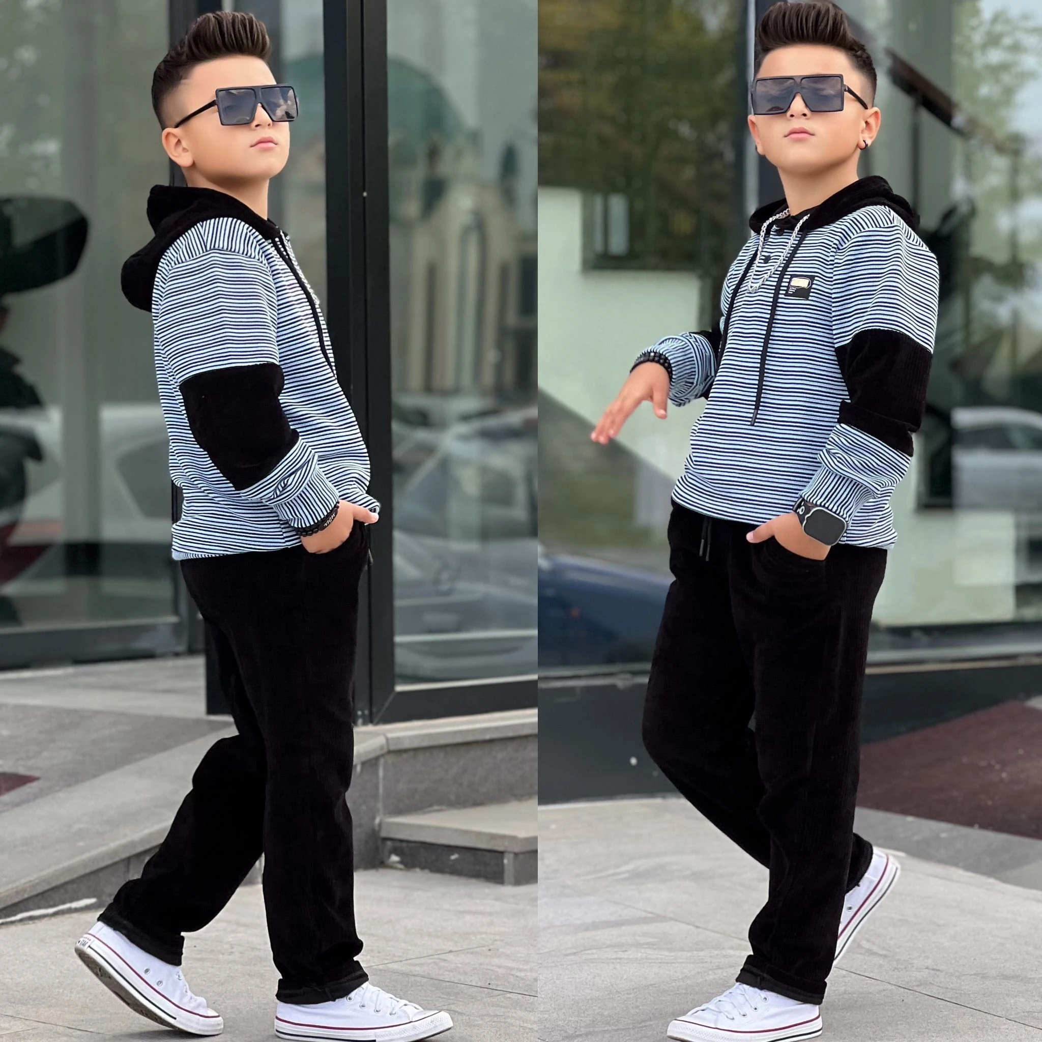 Erkek Çocuk Garson Boy Kadife ve Triko Tarz Takım - gri