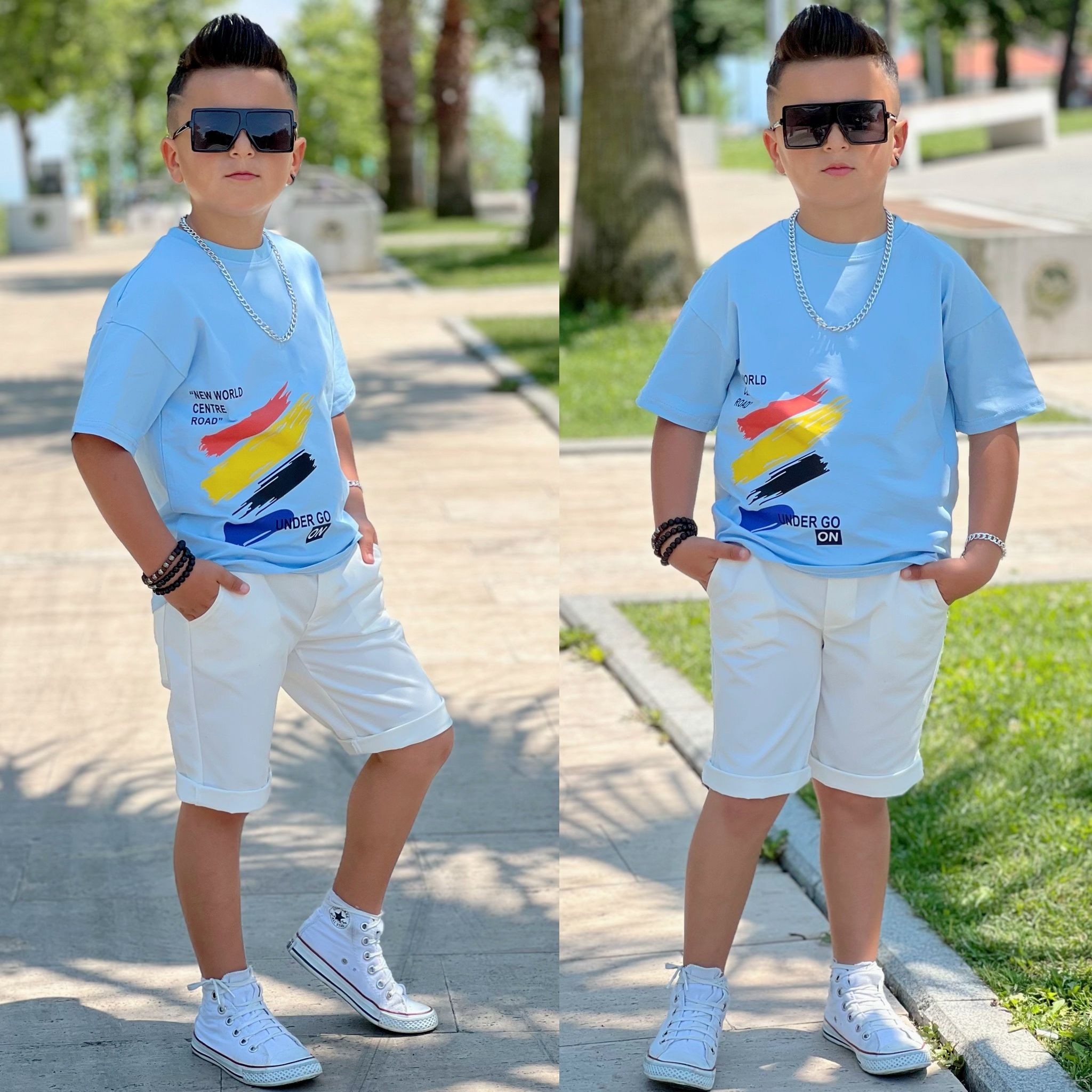 Erkek Çocuk Mavi Tişört Beyaz Şort Takım
