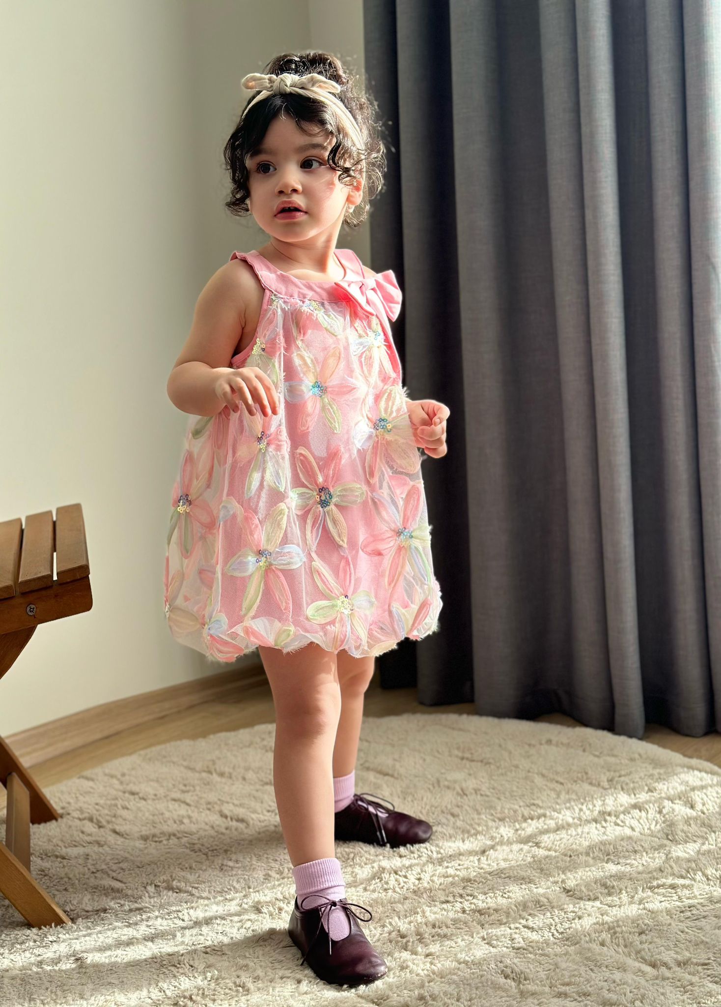 Kız Çocuk Çiçekli Balon Elbise