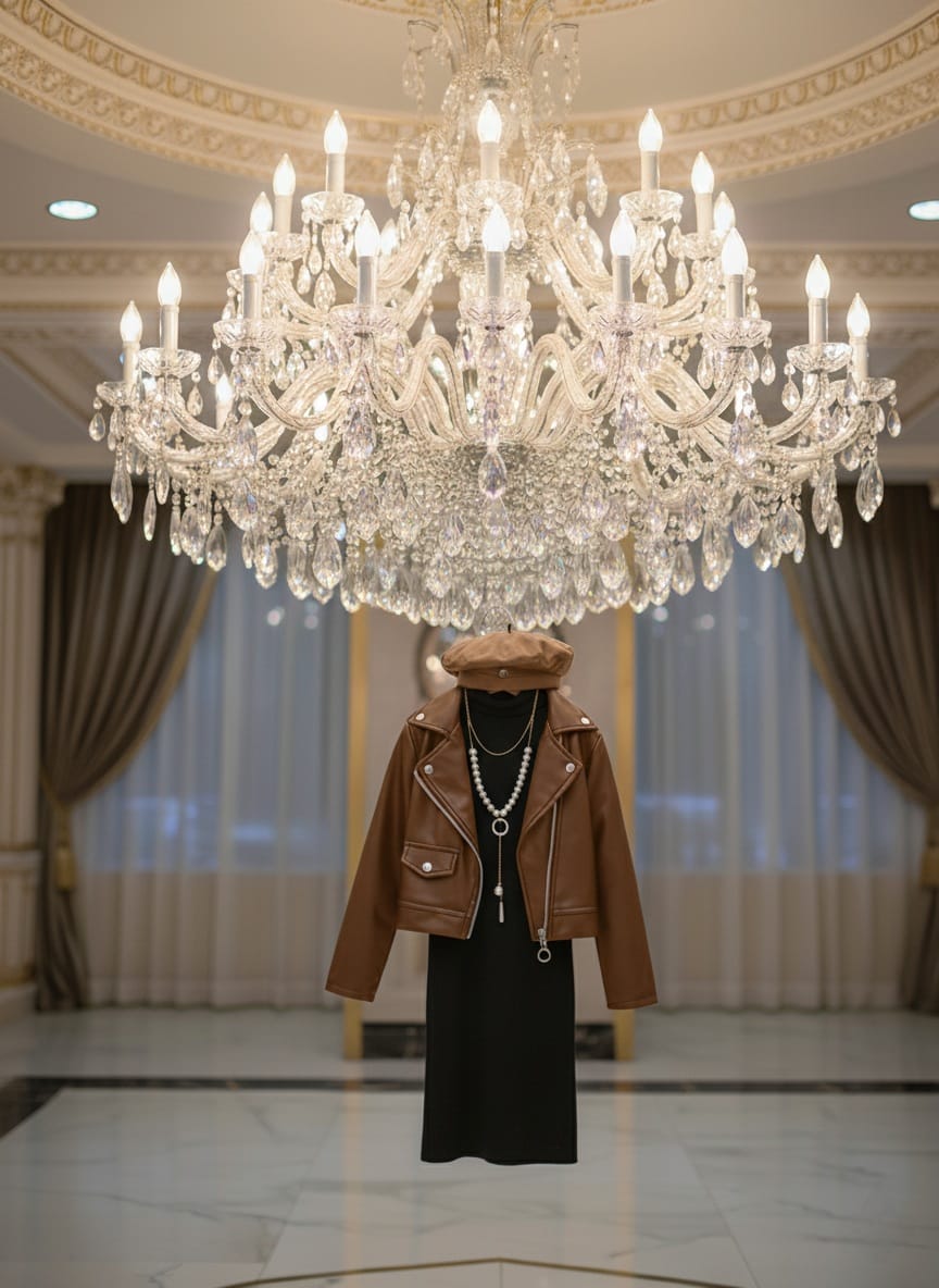 Kız Çocuk Örgü Elbise, Kabartmalı Deri Mont, Şapka, Kolye 4 Parça Takım