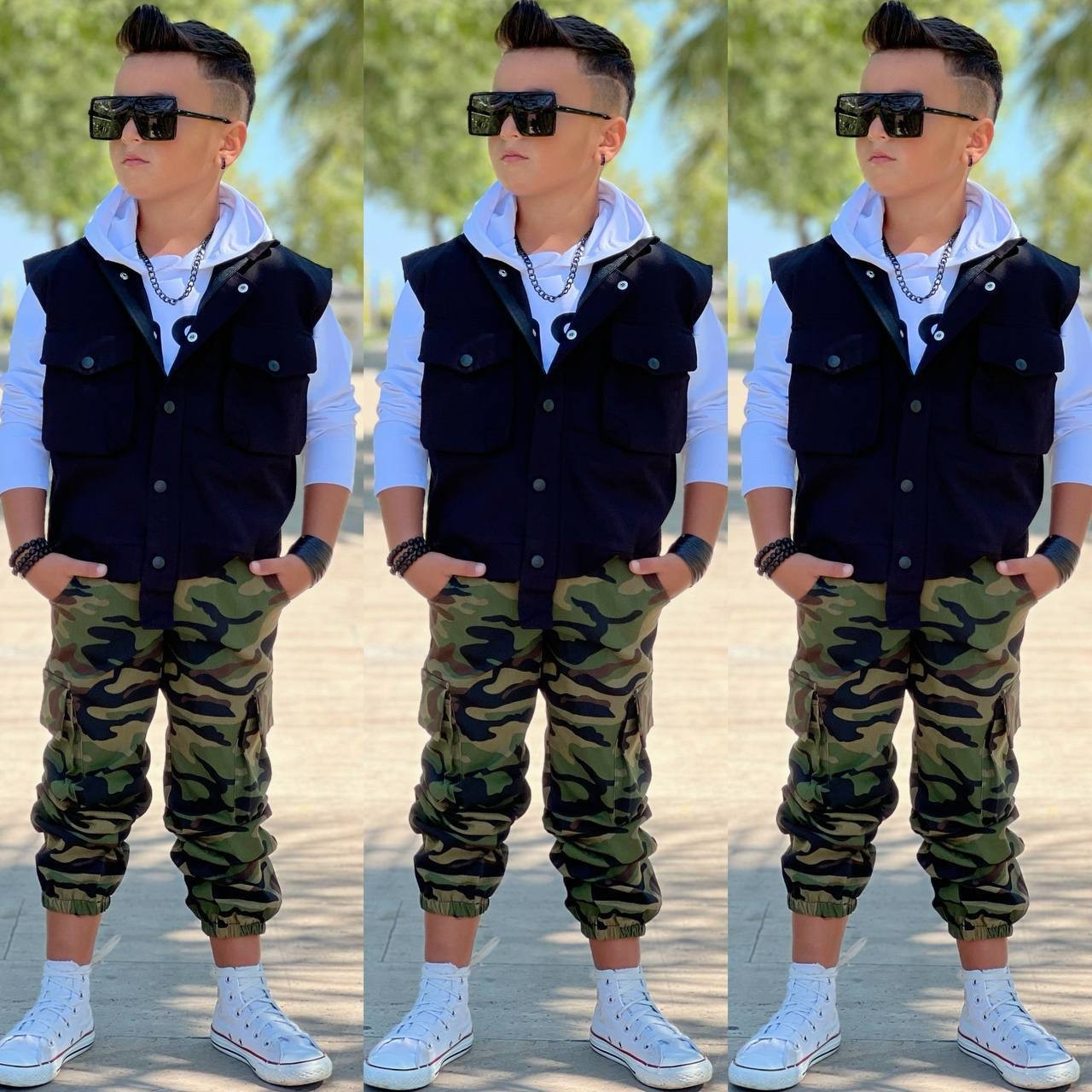Erkek Çocuk Kamuflaj Pantalonlu Yelekli 3 Lü Takım