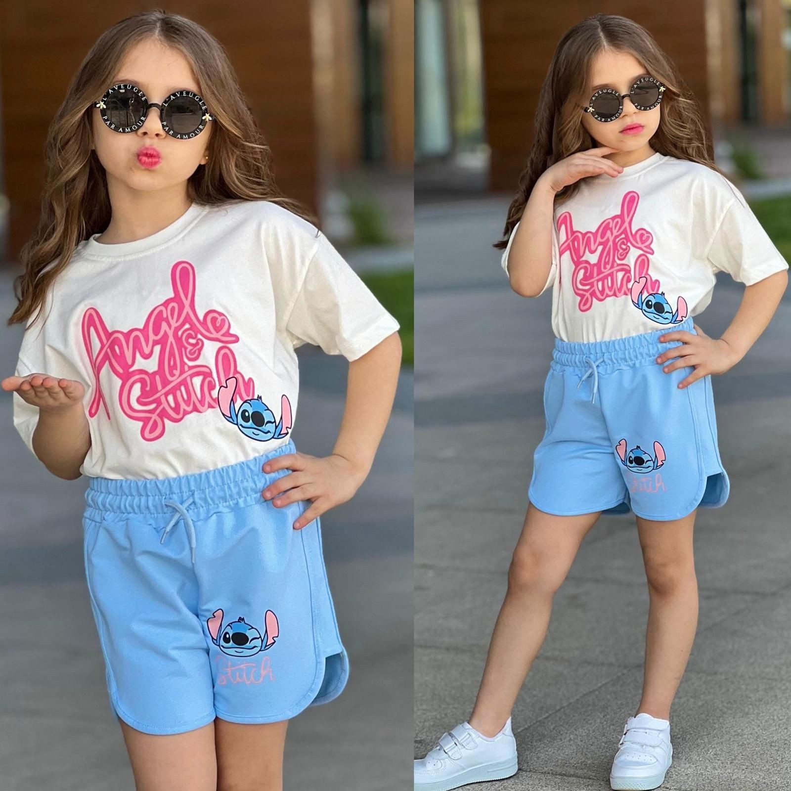 Kız Çocuk Angel Stitch Şortlu Takım - Mavi