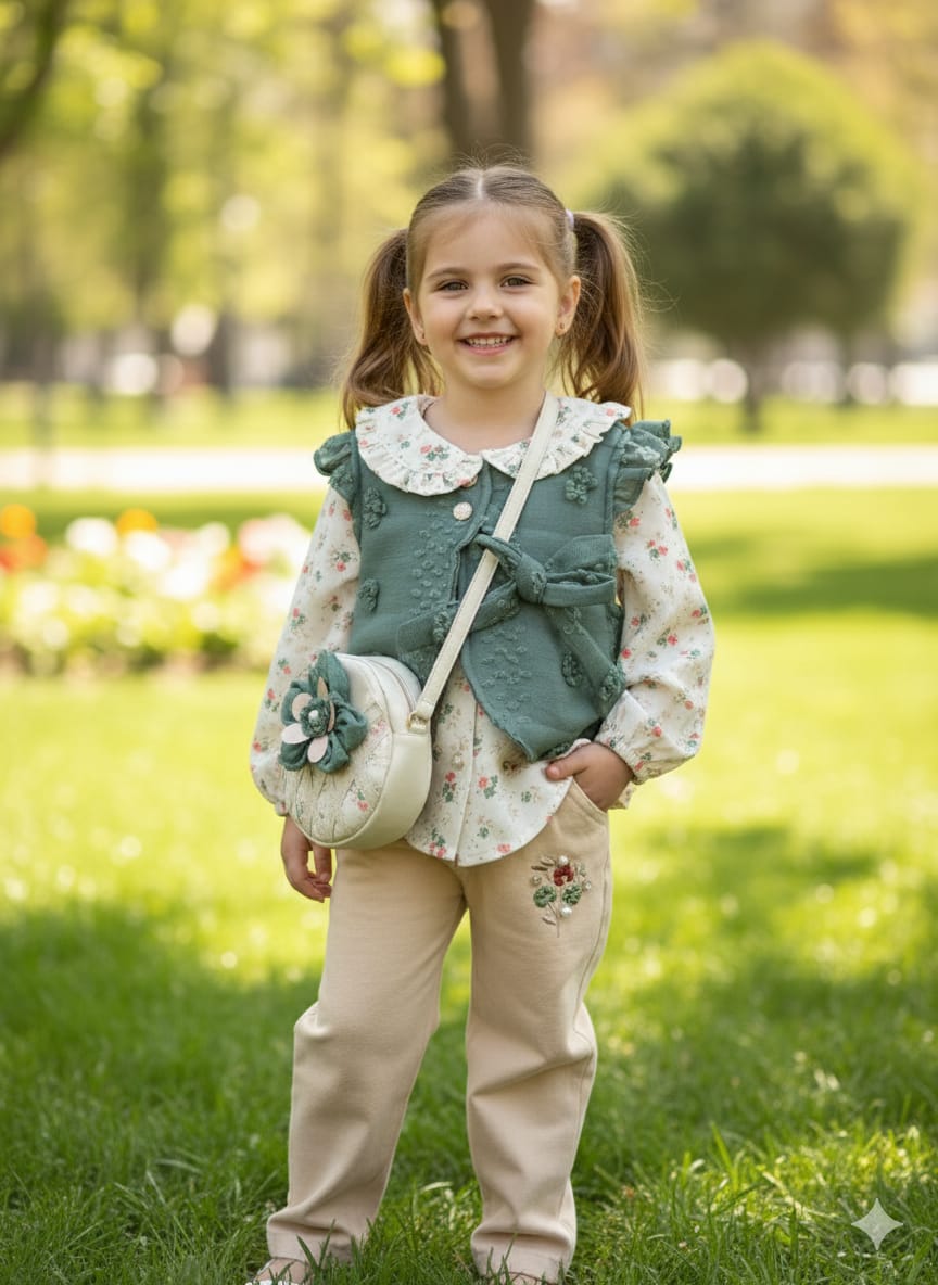 Kız Çocuk Pantolon Gömlek Yelek Çanta 4 Lü Takım