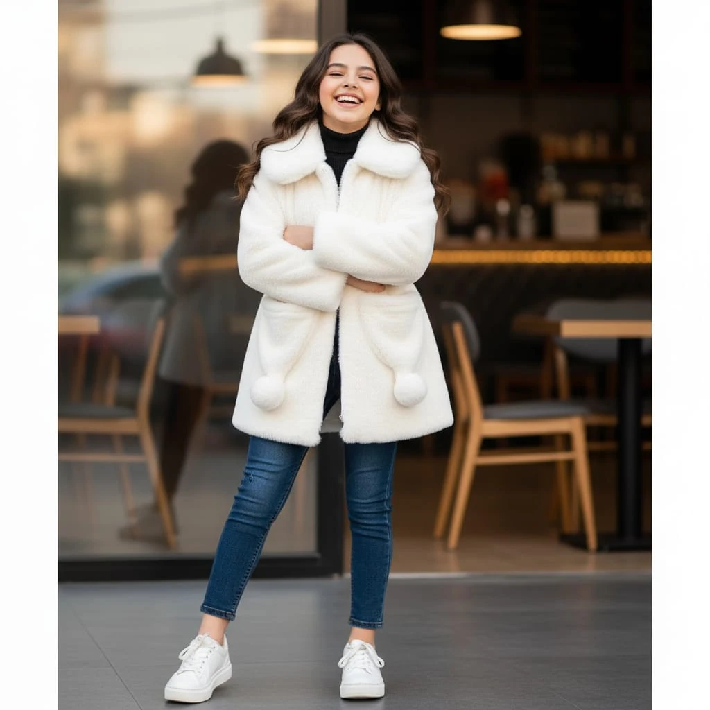 Kız Çocuk Peluş Mont - krem