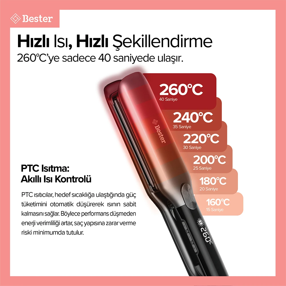 Bester S9100 ProLuxe 260°C Keratin Protect Geniş Plakalı Saç Düzleştirici