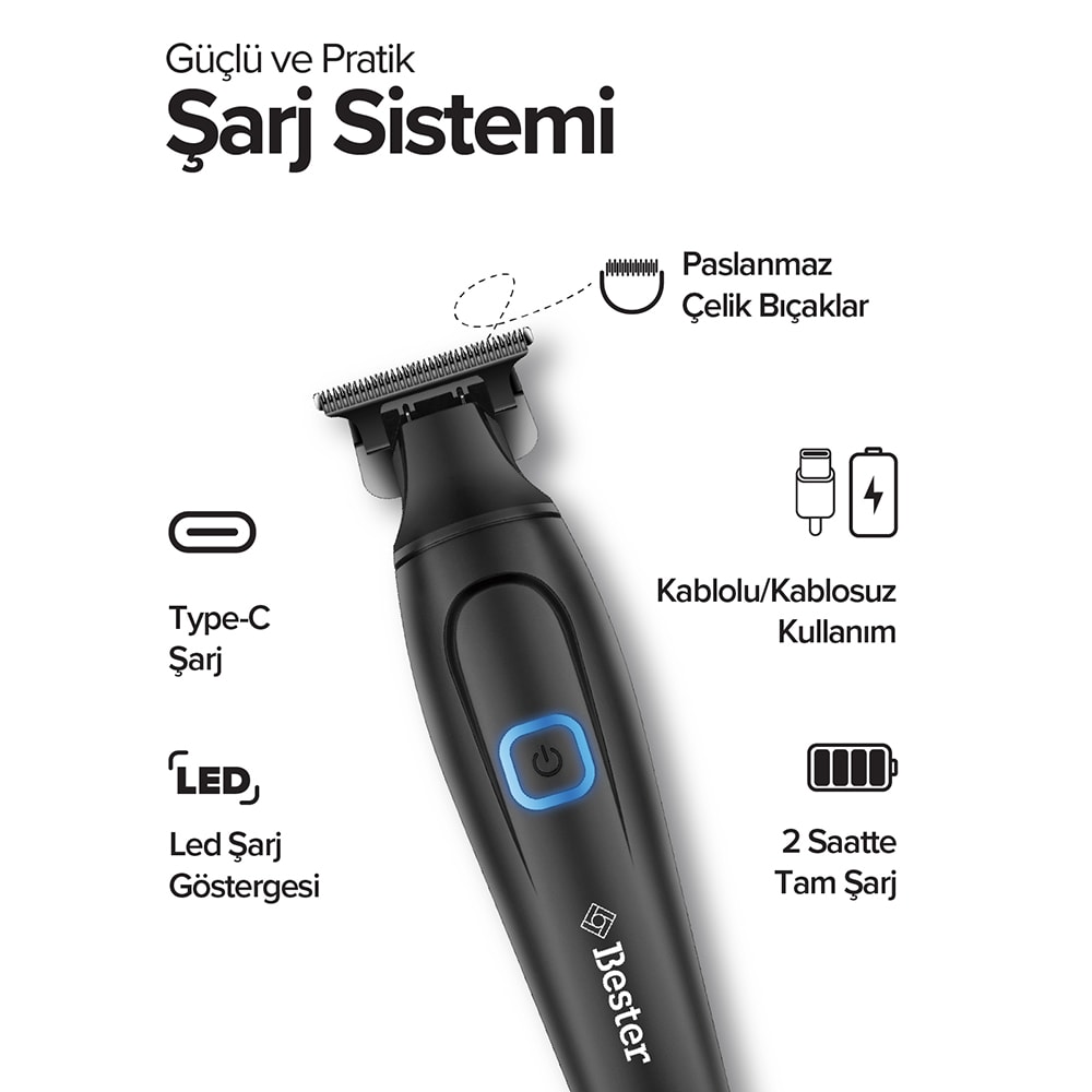 Bester ZC4230 Profesyonel Sakal Ense Şarjlı Tıraş Makinesi - 180 dk Kullanım, Type-C Hızlı Şarj