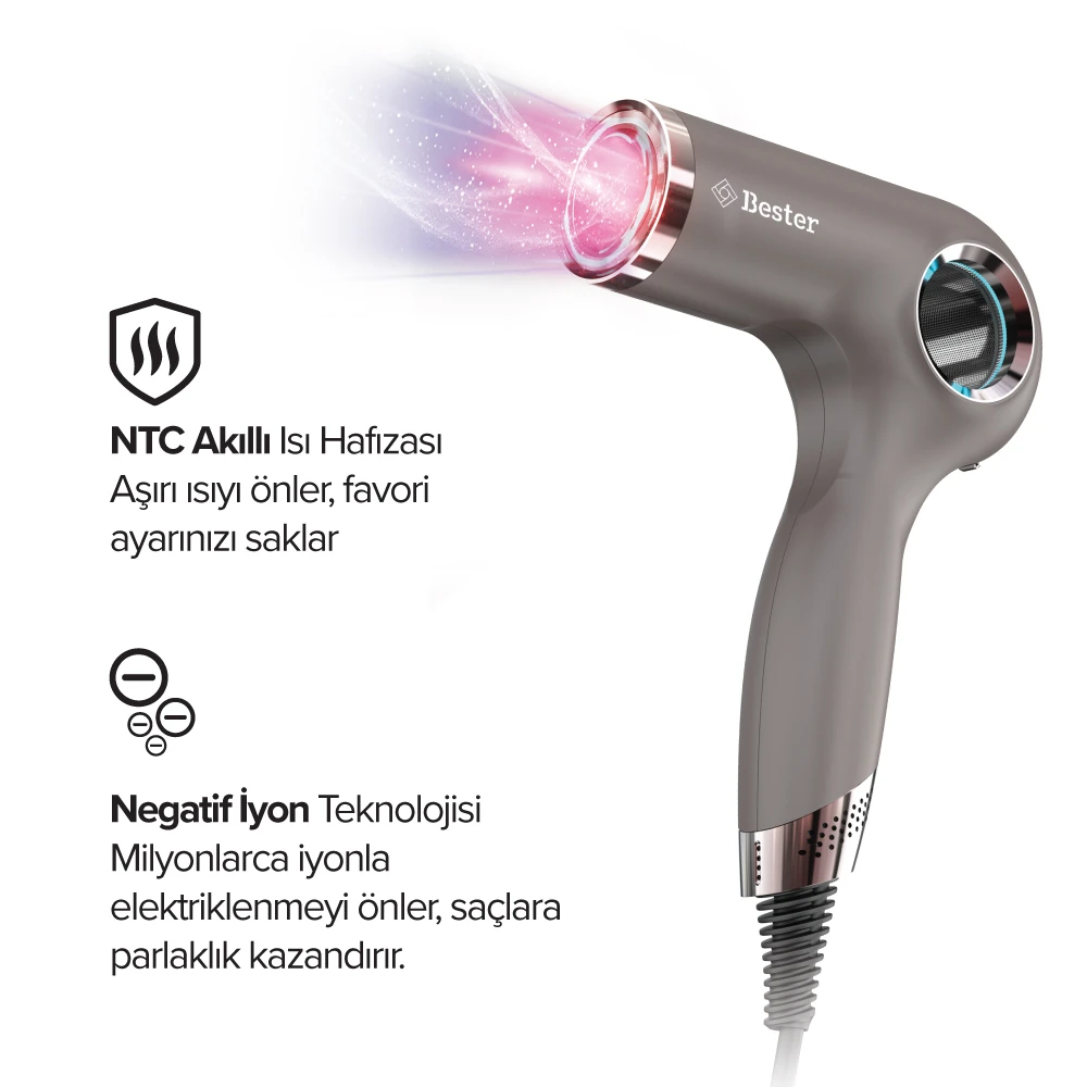 Bester HD8002 1800 Watt BLDC Saç Kurutma Makinesi – Akıllı Isı Döngüsü, Negatif İyon, Manyetik Başlık