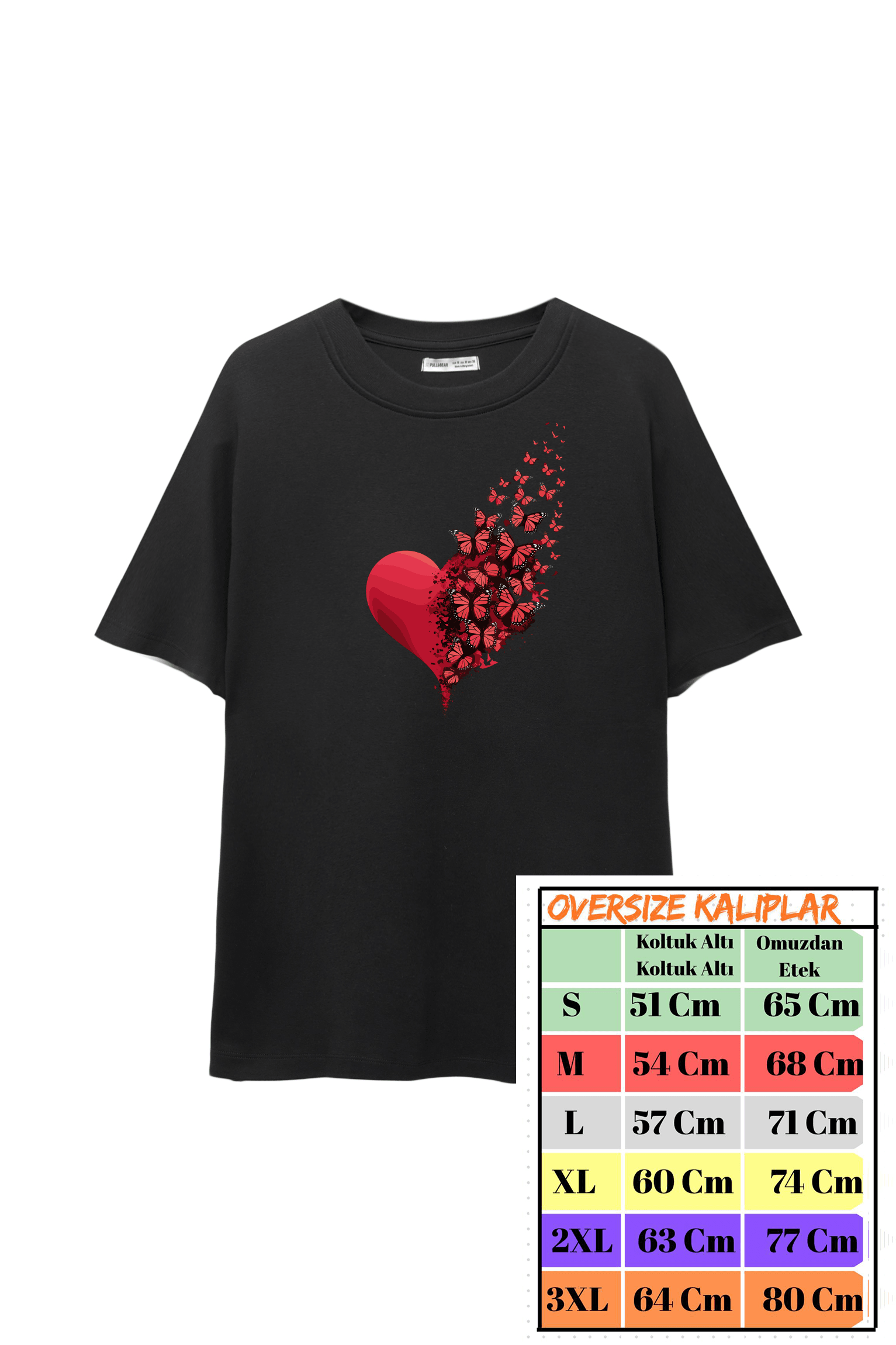 Kalp Kelebek Tasarımlı Oversize Tshirt