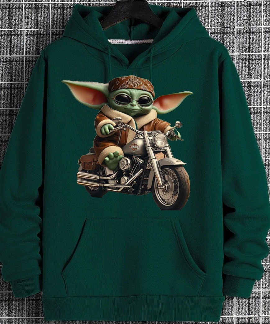 Motorcu Baby Yoda Tasarımlı Kapüşonlu Sweatshirt