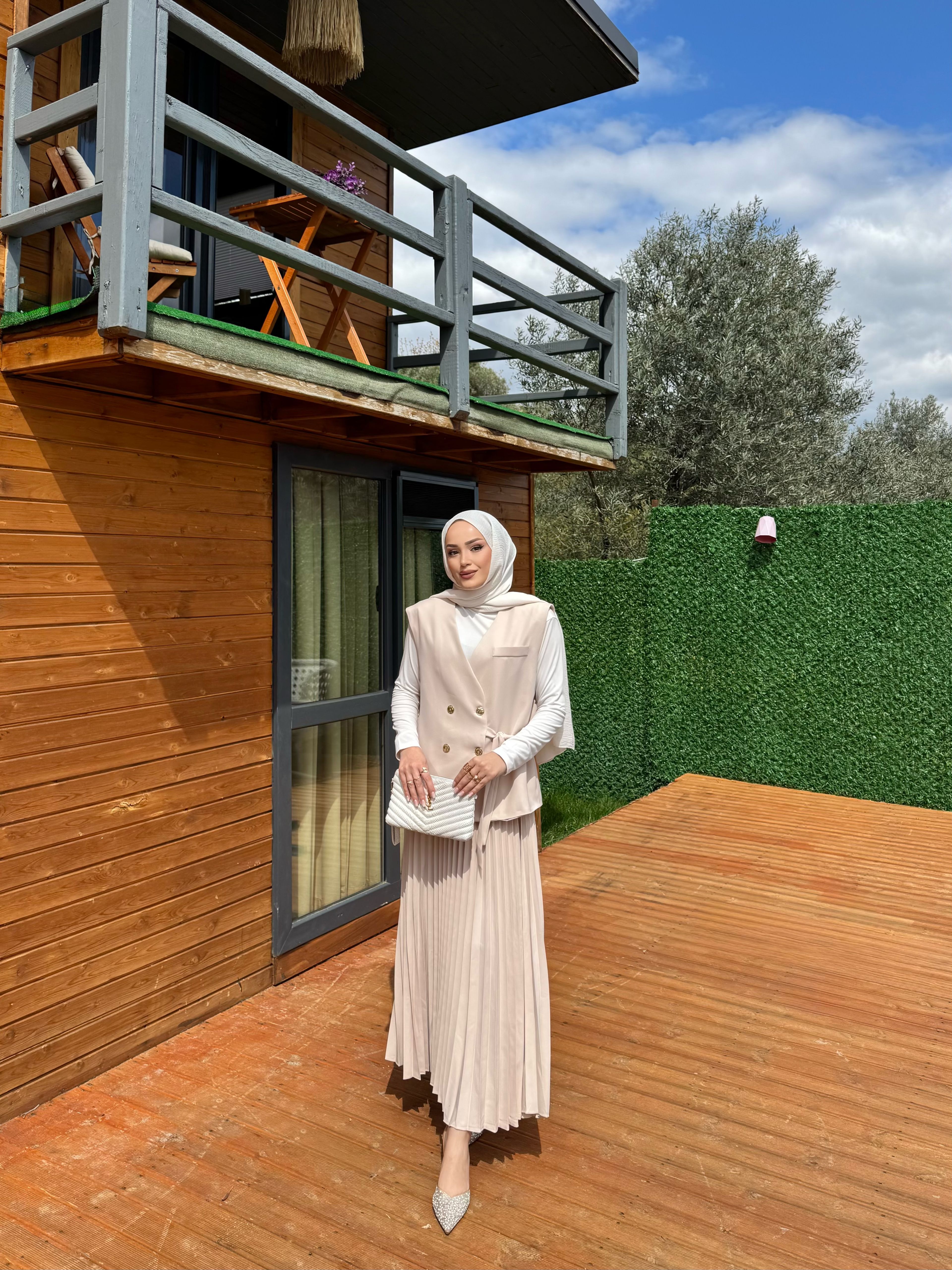 DUBAİ YELEKLİ TAKIM KREM