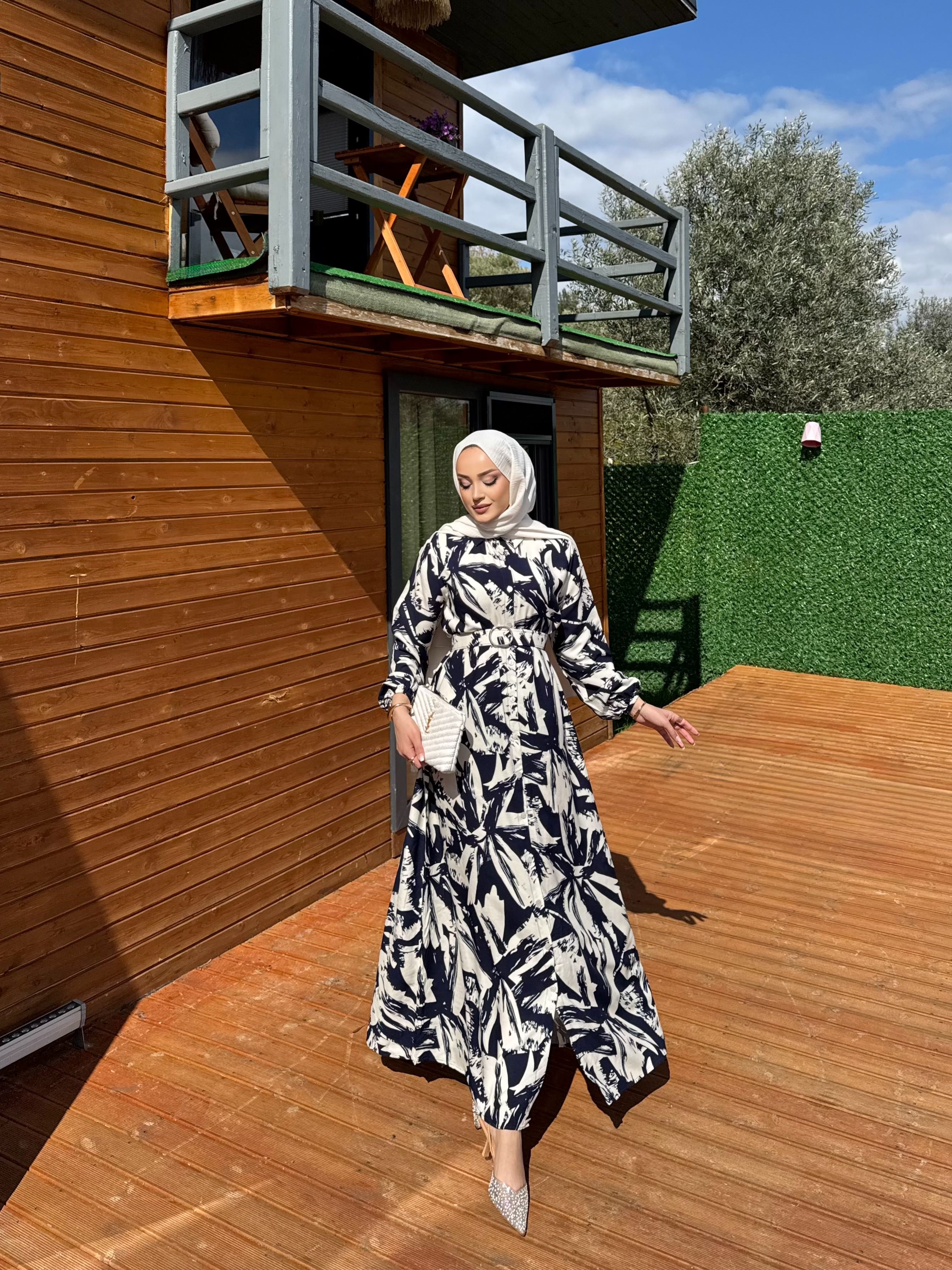 REYYA VİSKON ELBİSE LACİVERT (KEMERLİ)