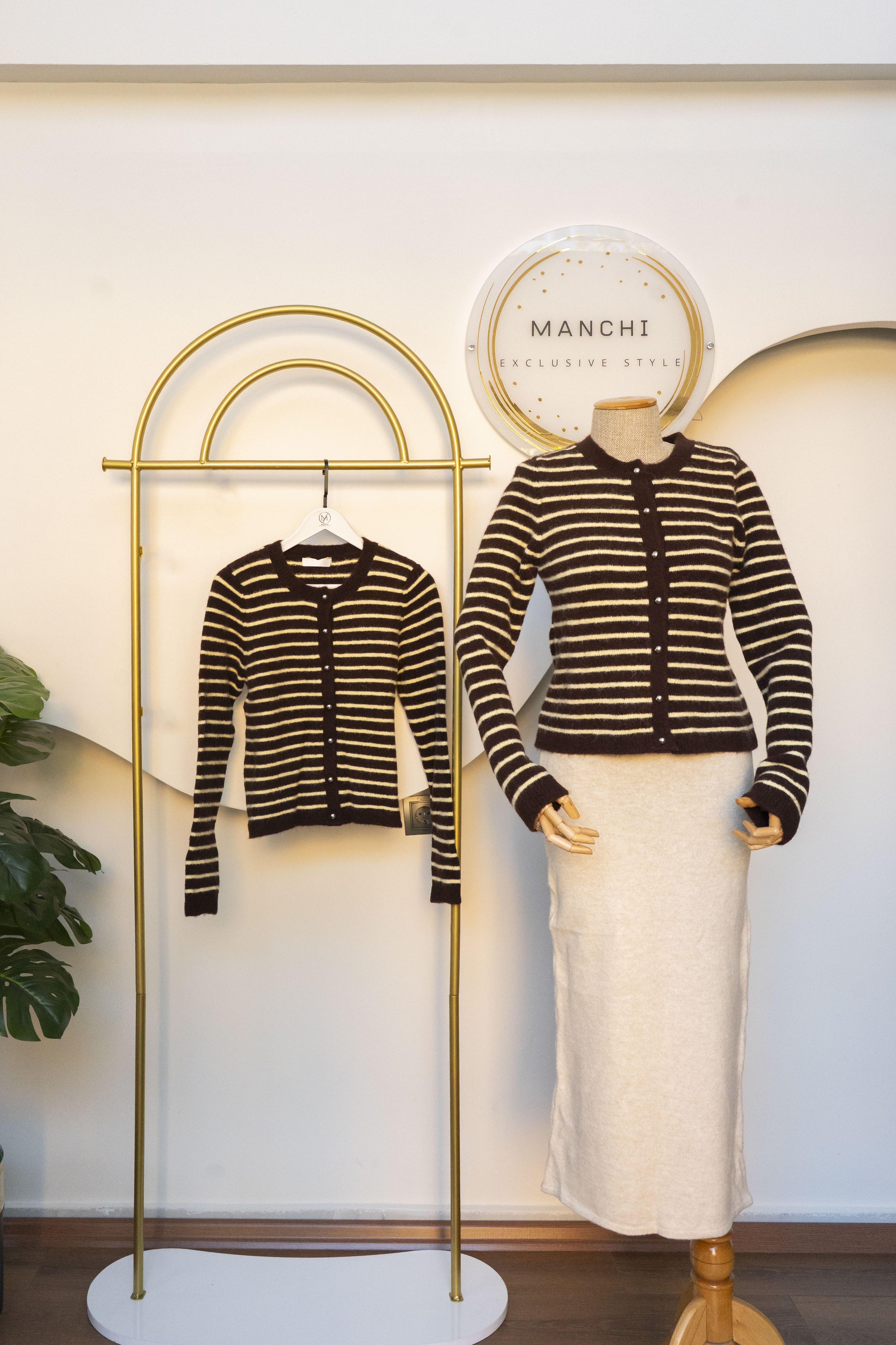 Kahve Sarı Çizgili Triko Hırka - Düğmeli