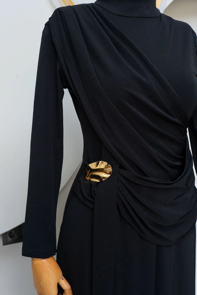 Siyah Drapeli Elbise - Gold Toka