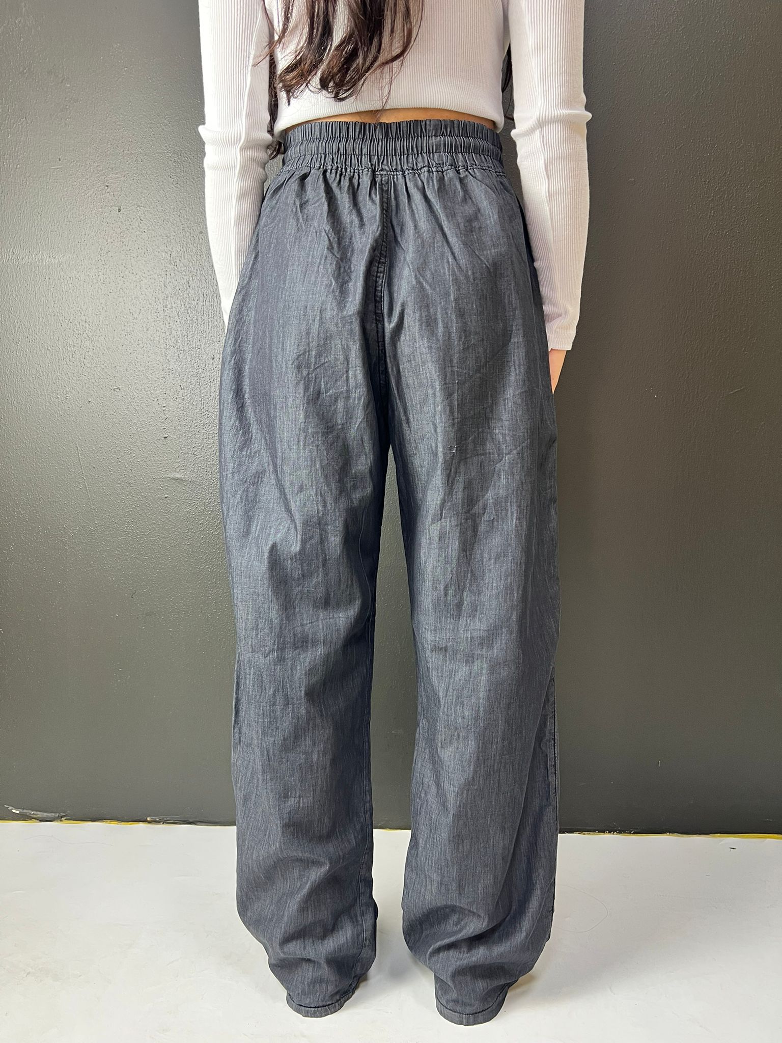 BEL LASTİKLİ BAĞCIKLI BOL PAÇA PALAZZO YAZLIK DENIM PANTOLON FÜME