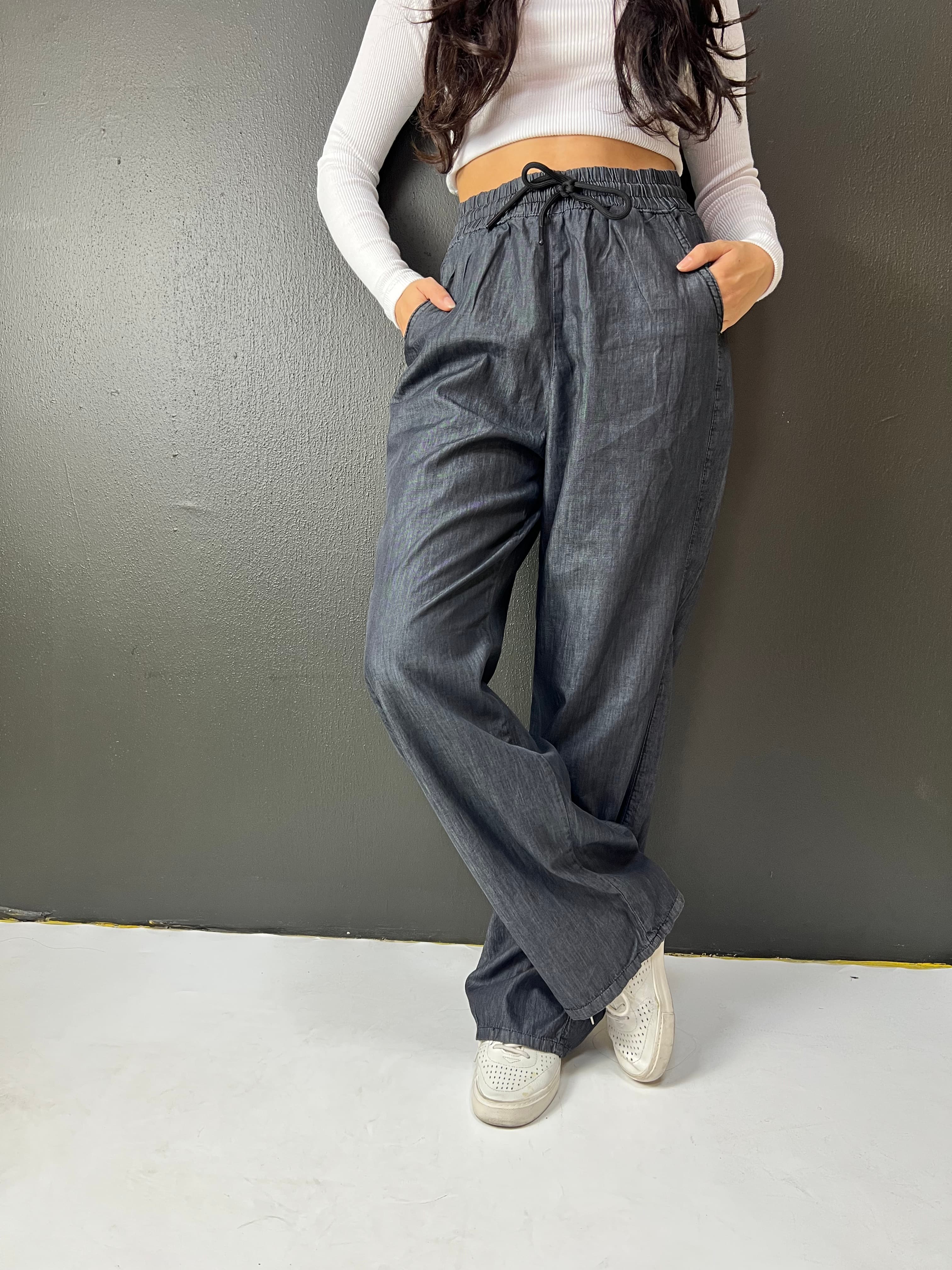 BEL LASTİKLİ BAĞCIKLI BOL PAÇA PALAZZO YAZLIK DENIM PANTOLON