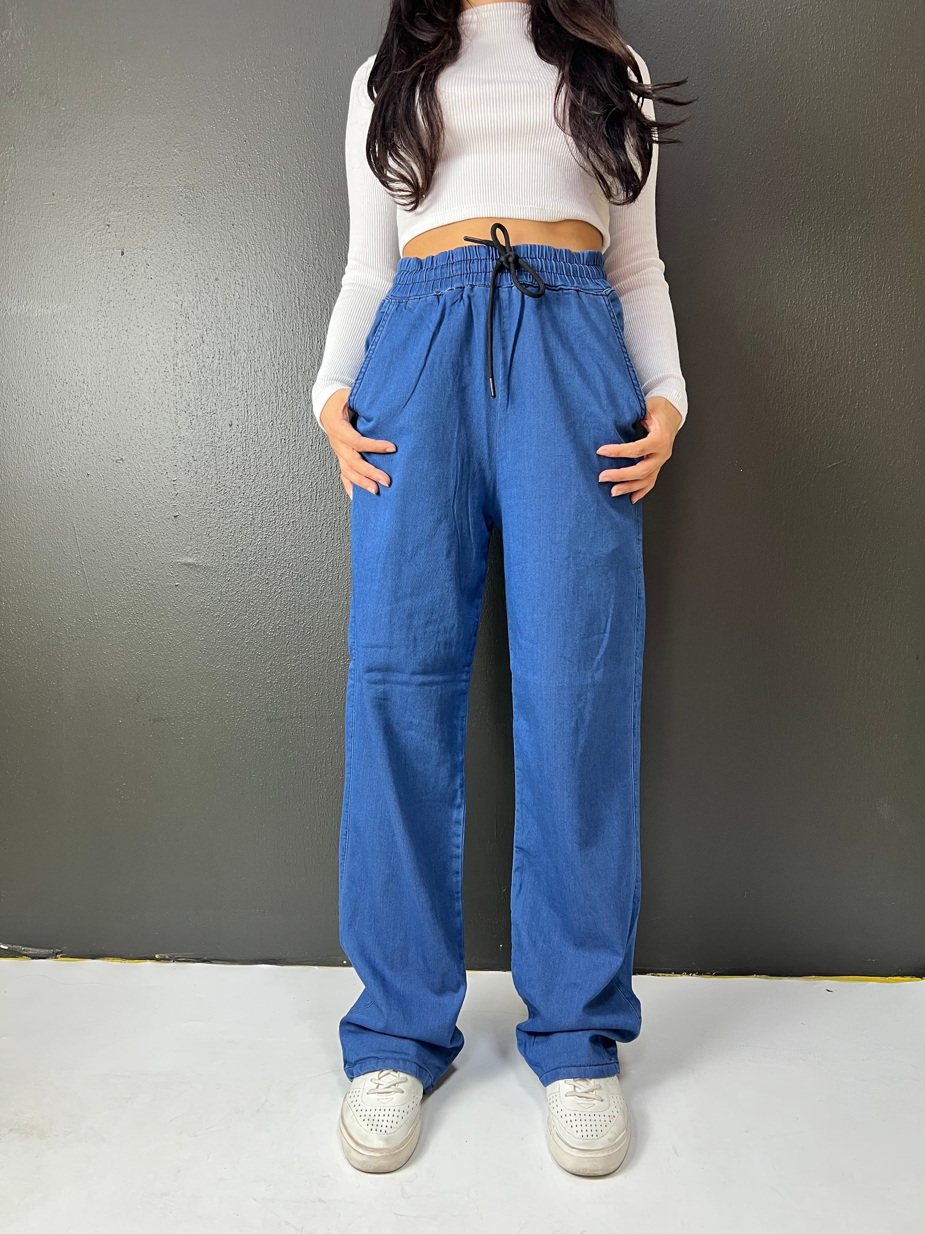 BEL LASTİKLİ BAĞCIKLI BOL PAÇA PALAZZO YAZLIK DENIM MAVİ PANTOLON