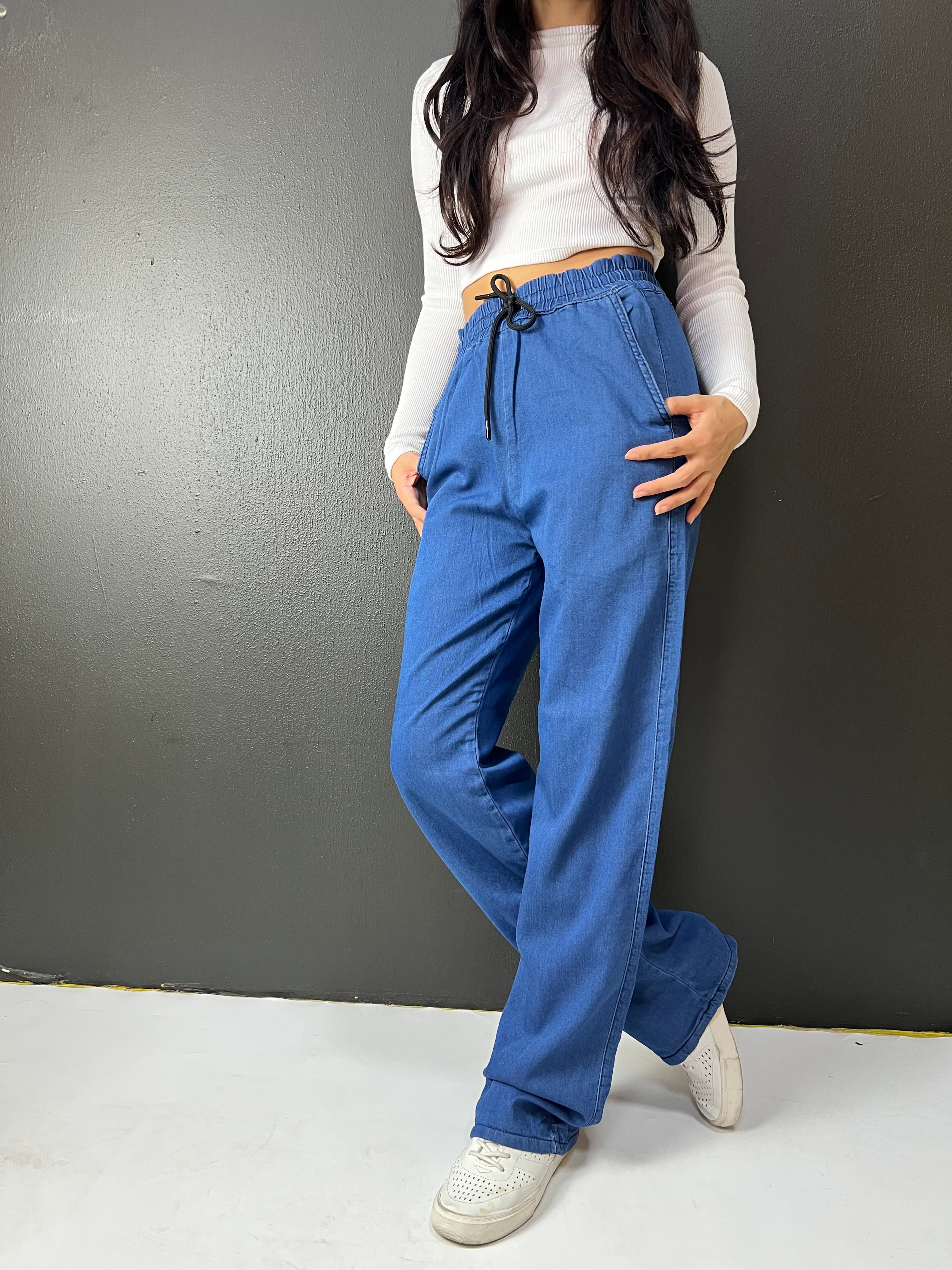 BEL LASTİKLİ BAĞCIKLI BOL PAÇA PALAZZO YAZLIK DENIM MAVİ PANTOLON