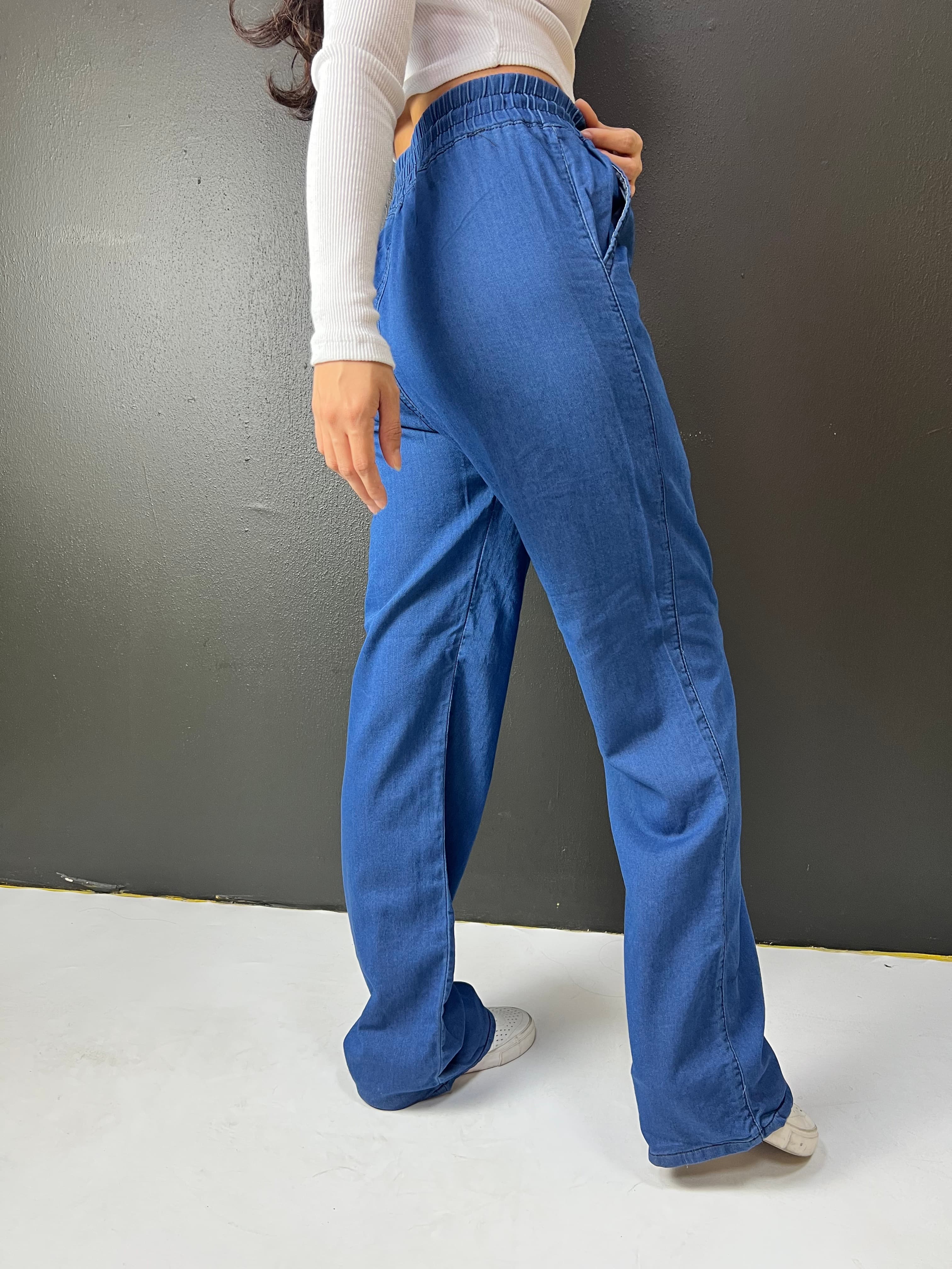 BEL LASTİKLİ BAĞCIKLI BOL PAÇA PALAZZO YAZLIK DENIM MAVİ PANTOLON
