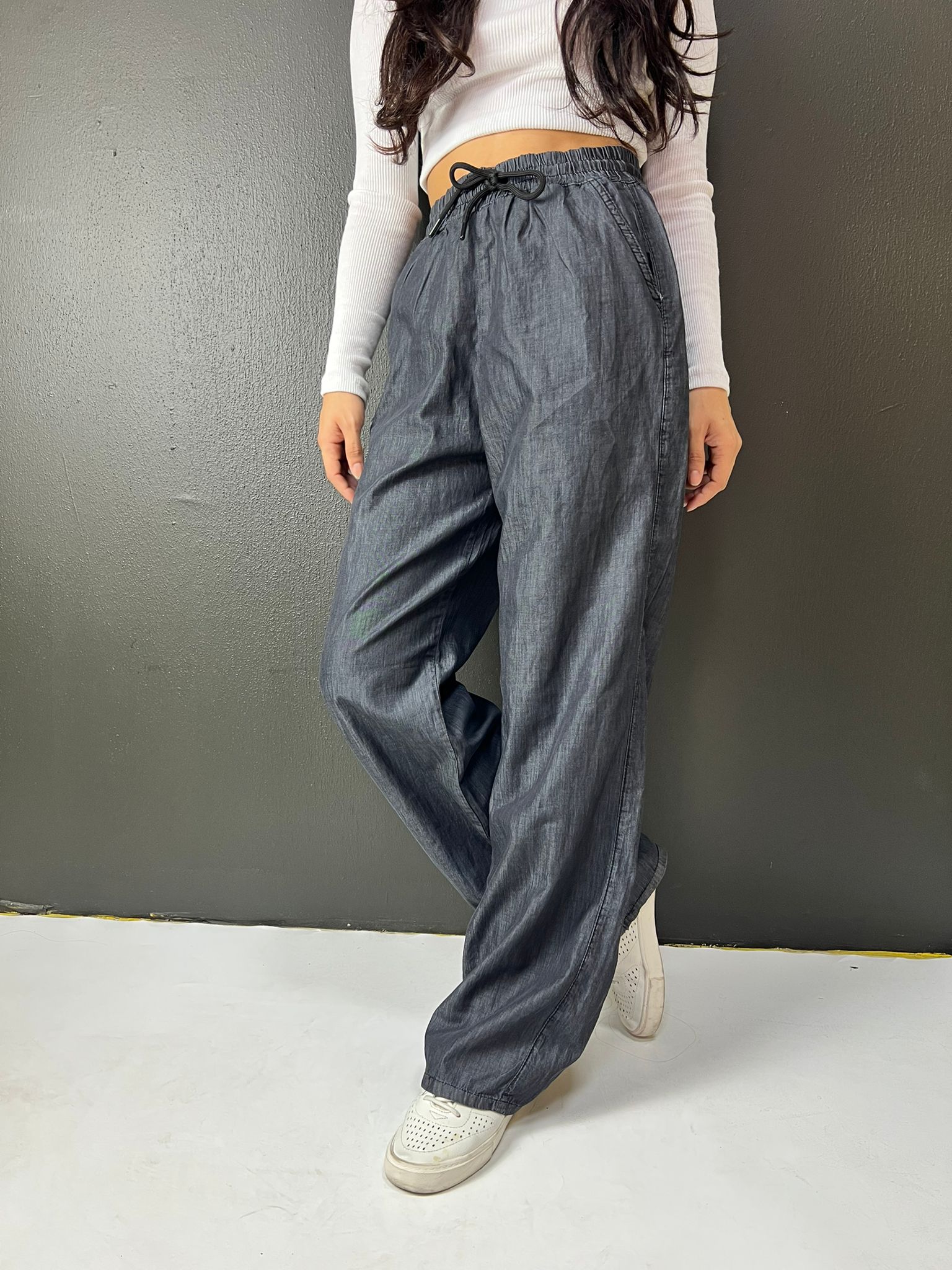 BEL LASTİKLİ BAĞCIKLI BOL PAÇA PALAZZO YAZLIK DENIM PANTOLON FÜME