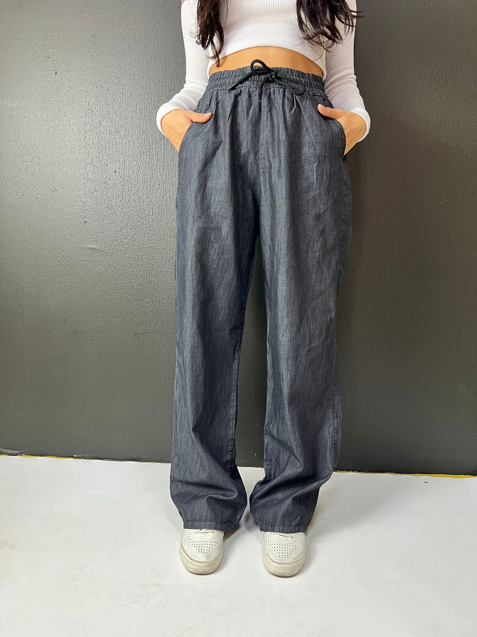 BEL LASTİKLİ BAĞCIKLI BOL PAÇA PALAZZO YAZLIK DENIM PANTOLON FÜME