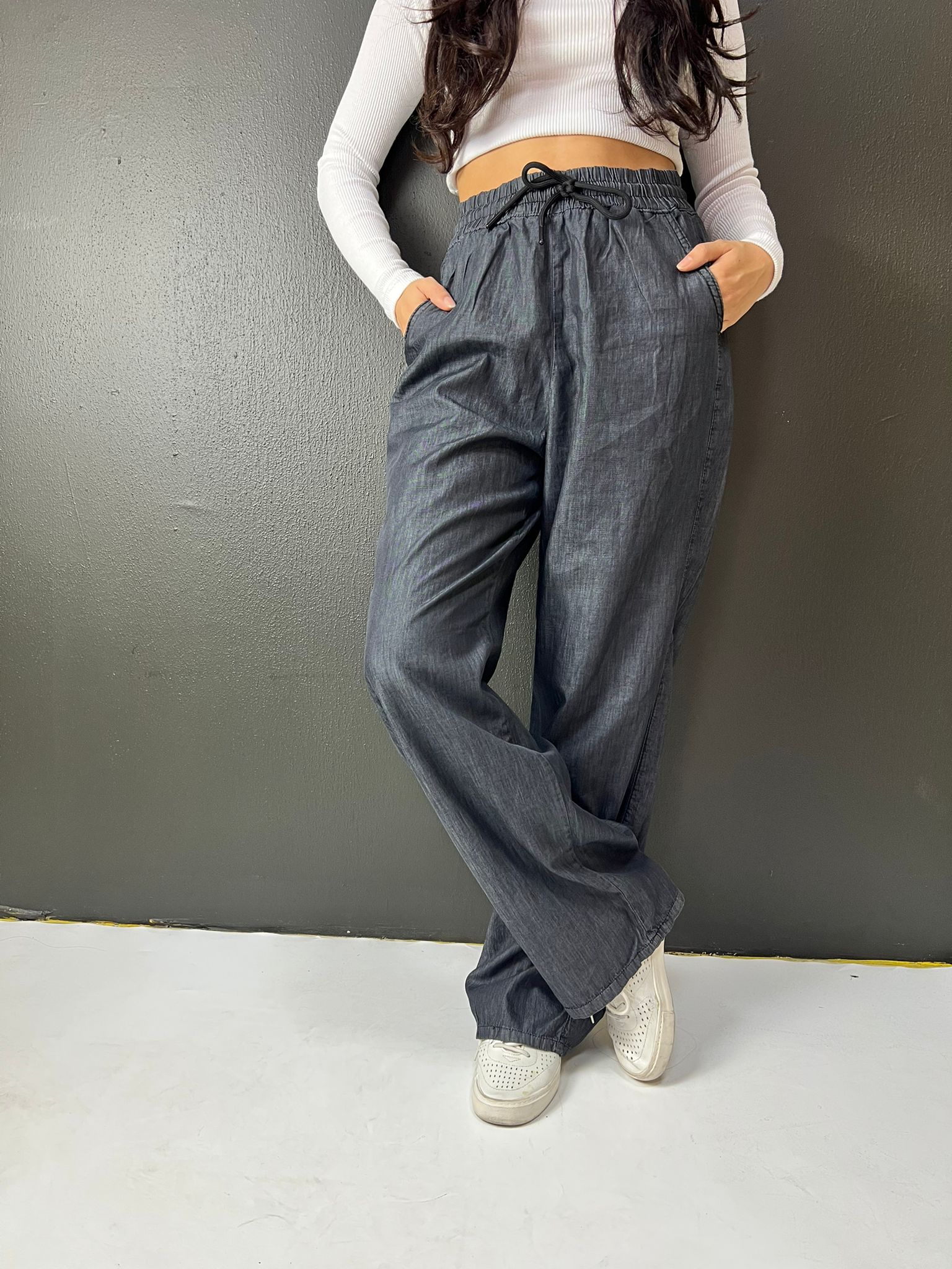 BEL LASTİKLİ BAĞCIKLI BOL PAÇA PALAZZO YAZLIK DENIM PANTOLON FÜME