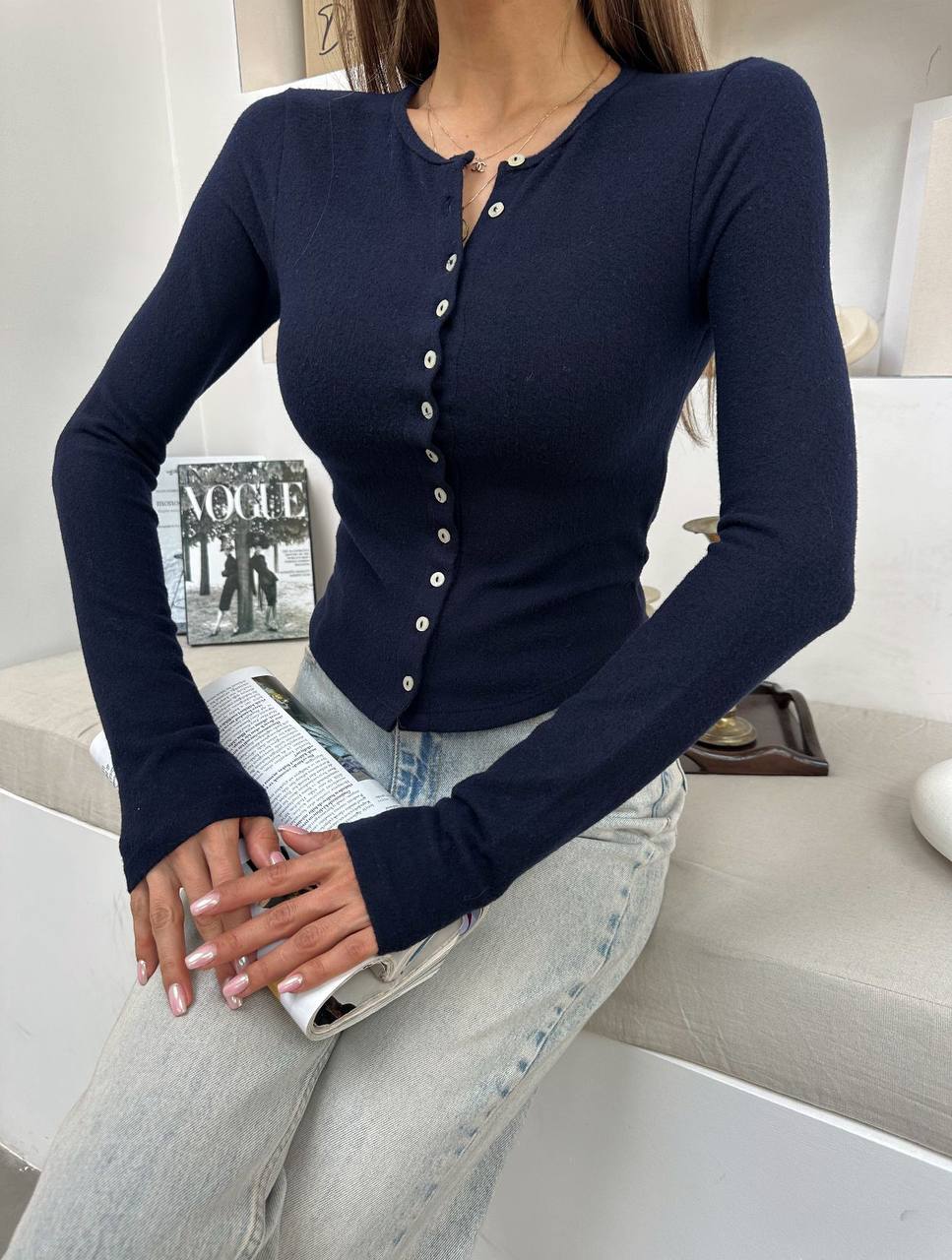 İtalyan Kesim Düğmeli Lacivert Hırka