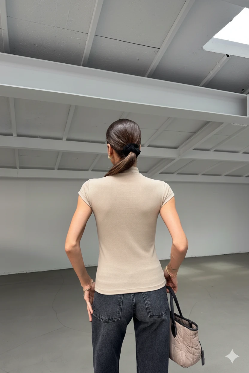 Dik Yaka Bej Kolsuz Bluz