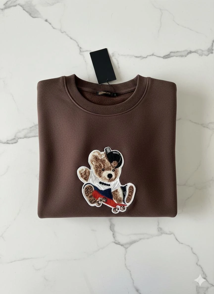 yuvarlak yaka nakış detaylı üç iplik spor kadın sweatshirt