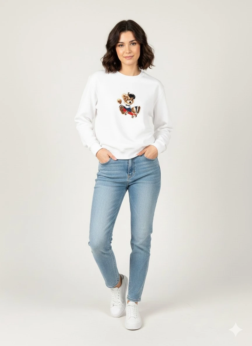 Beyaz nakış detaylı üç iplik yuvarlak yaka spor sweatshirt