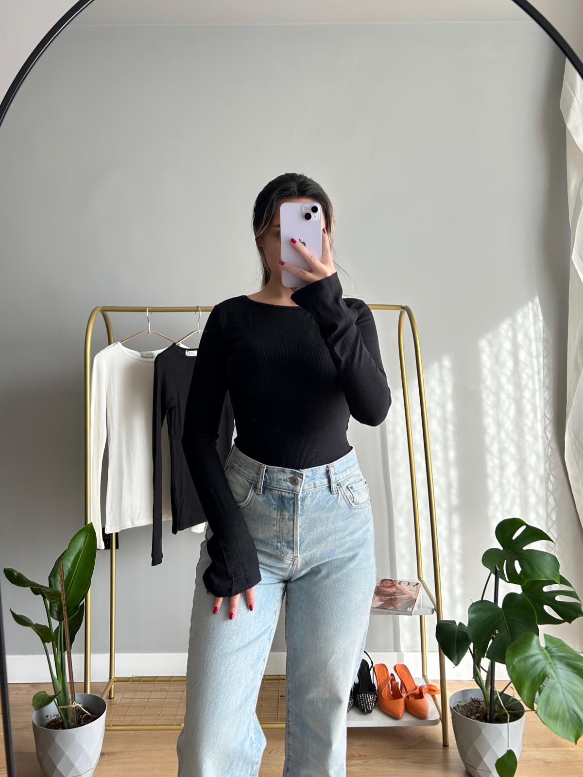 Siyah Kayık Yaka Fitilli Bady