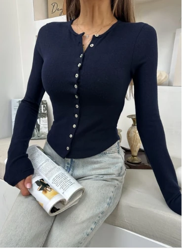 İtalyan Kesim Düğmeli Lacivert Hırka