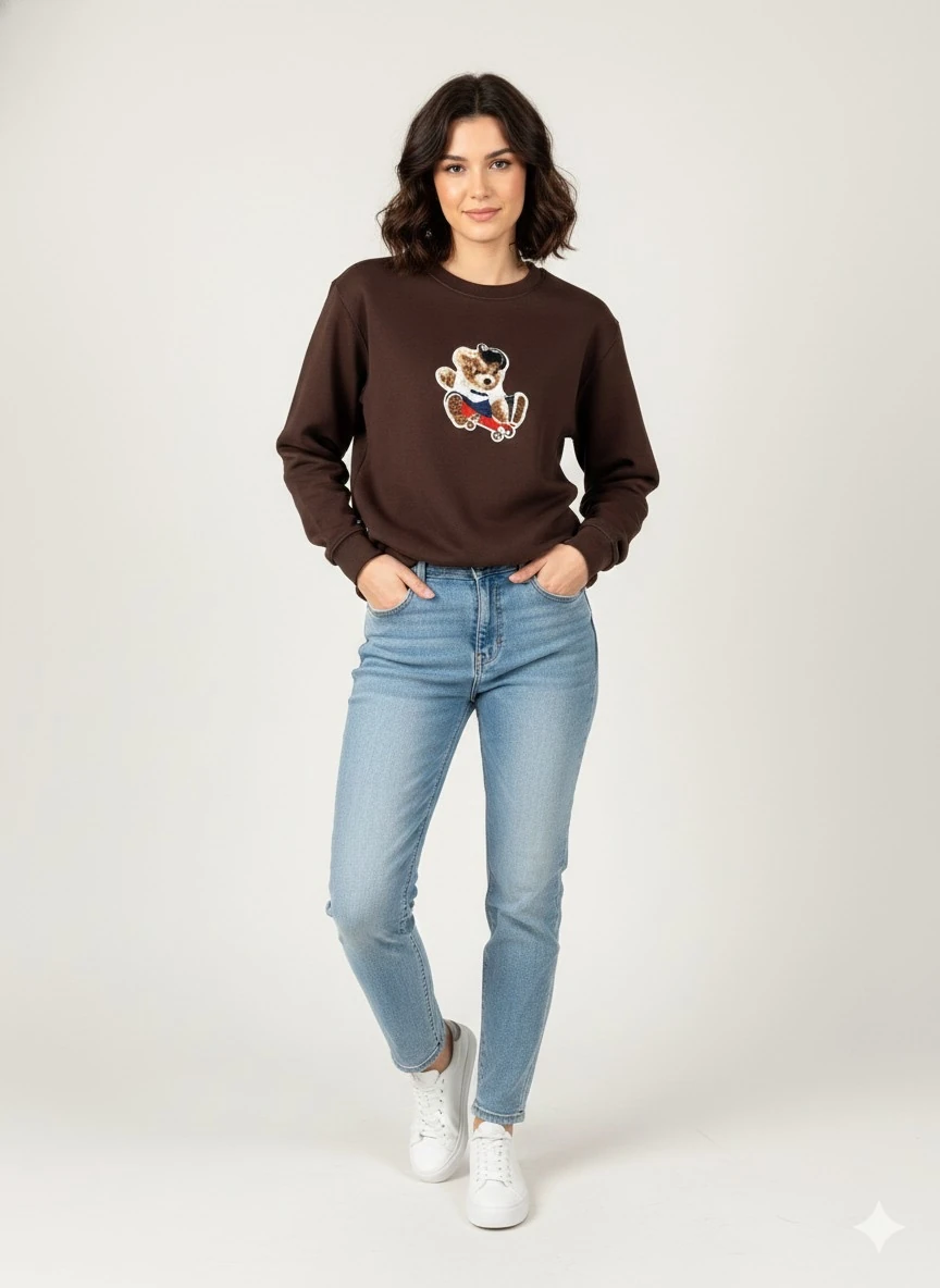 yuvarlak yaka nakış detaylı üç iplik spor kadın sweatshirt