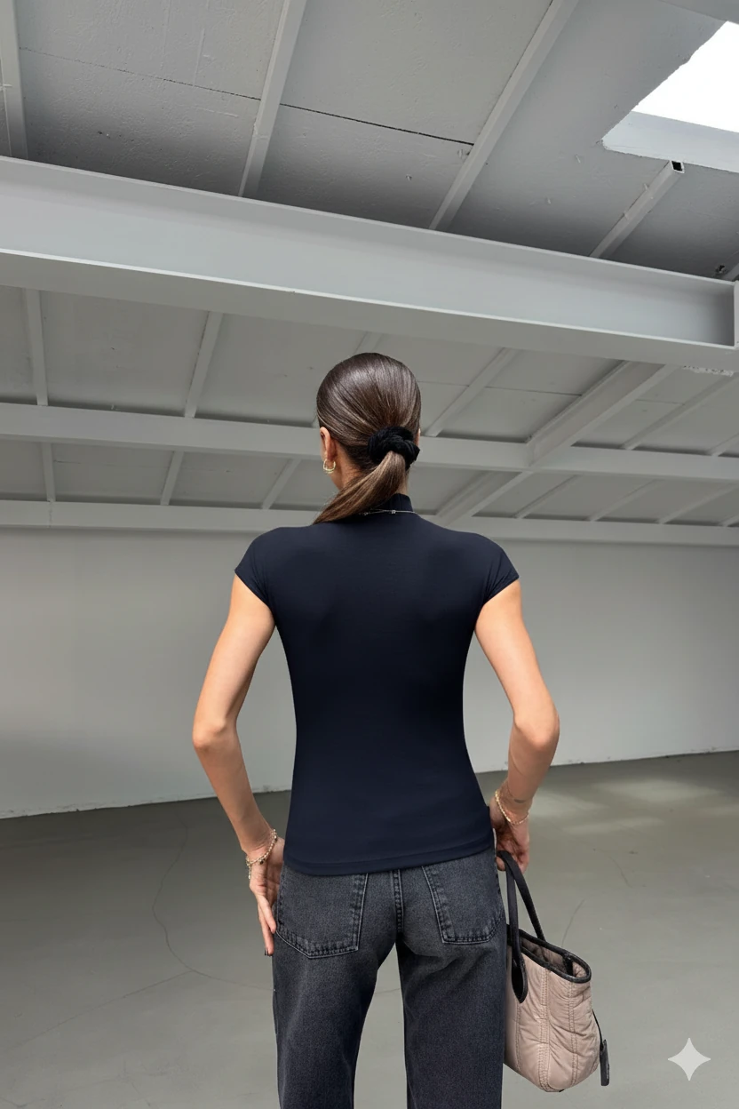 Dik Yaka Lacivert Kısa Kol Bluz