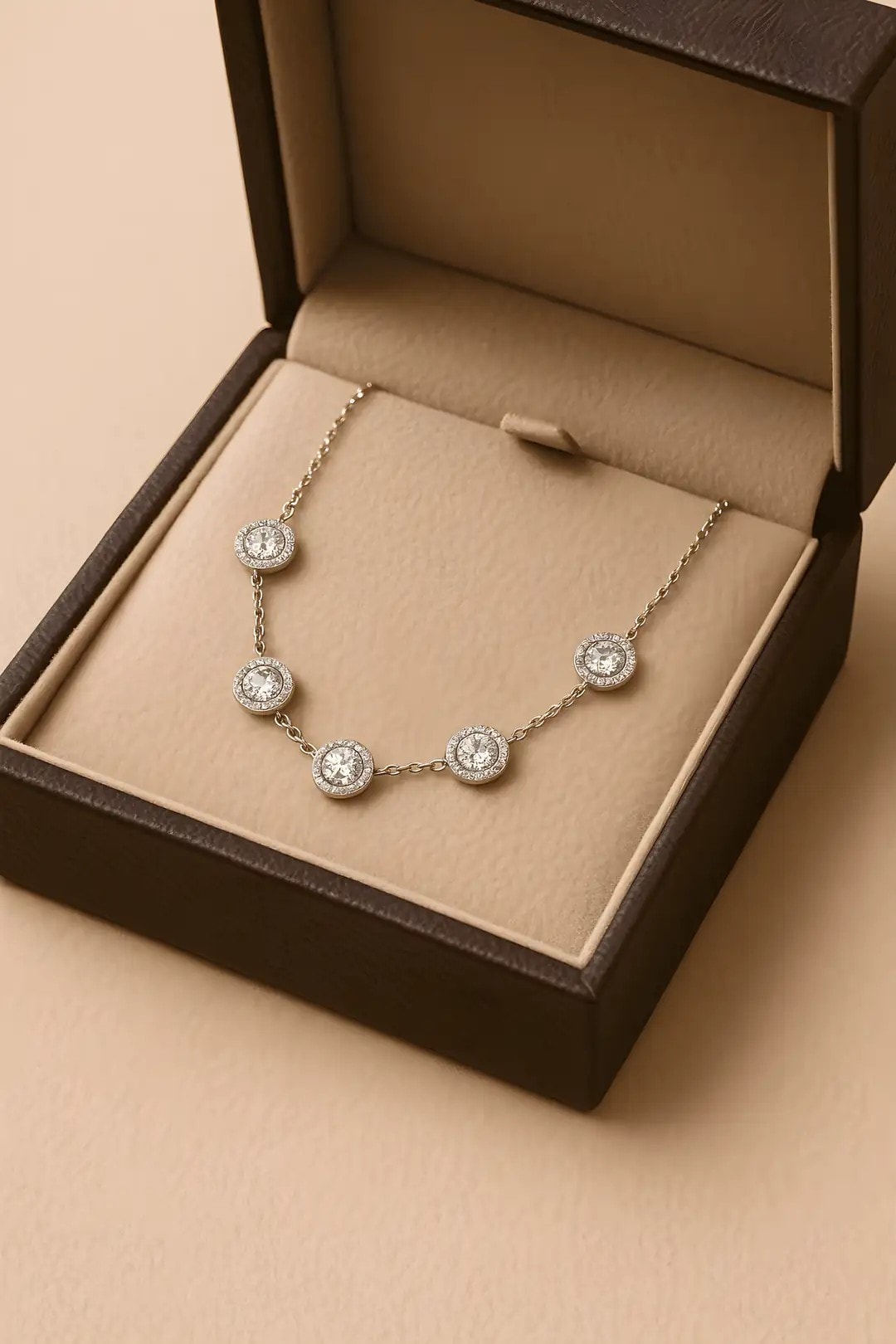 Bezel Halo Istasyon Kolye – 5 Tasli 14K Beyaz Altin