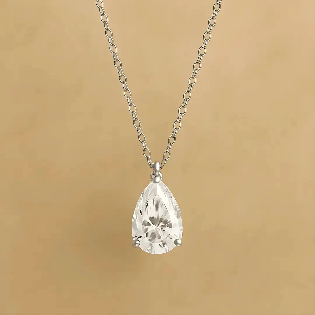 Pear Cut Tektaş Pırlanta Kolye – 14K Gold & Silver